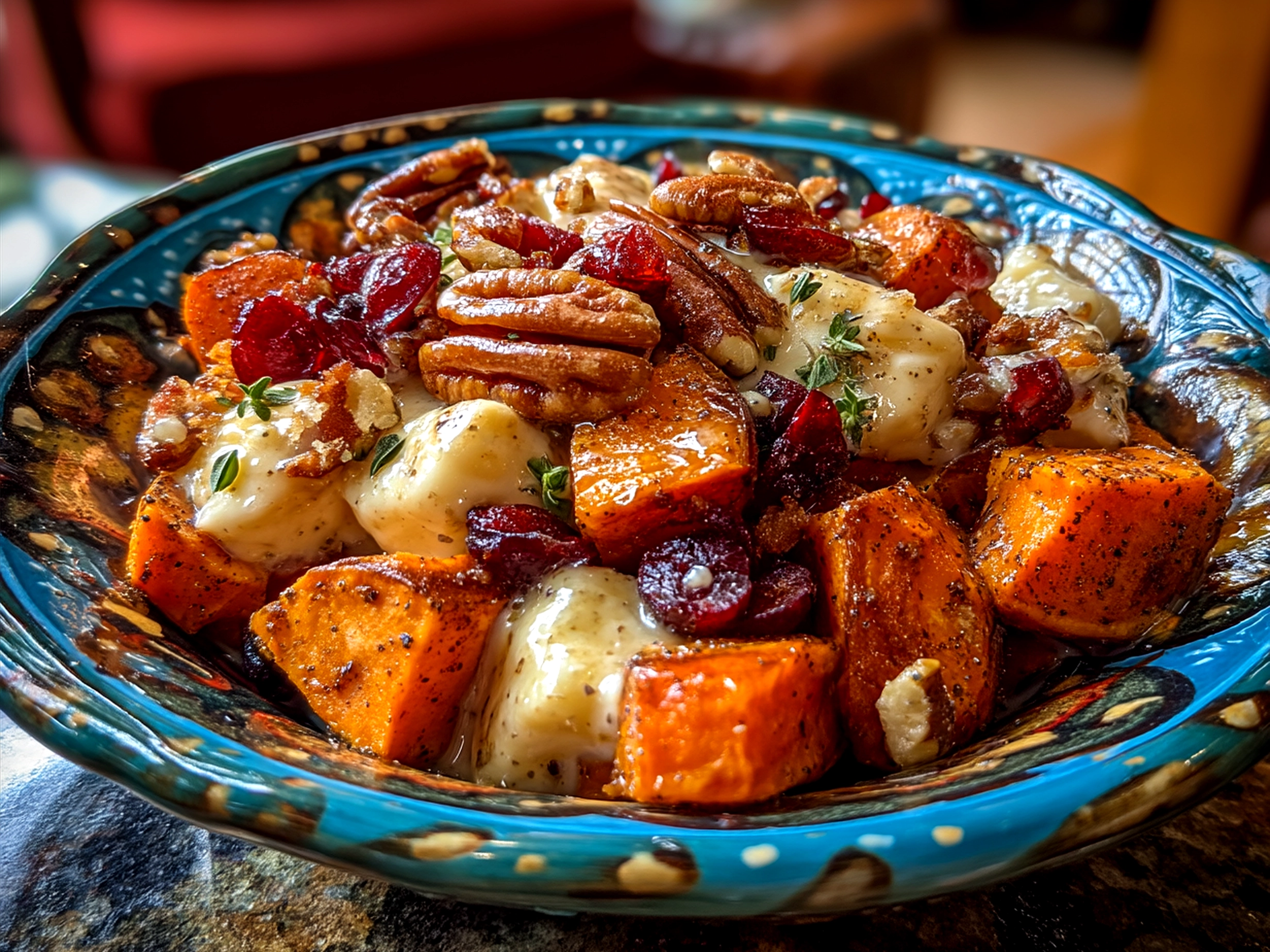Serving Sweet Potato Brie Cranberry Pecans with festive holiday colors