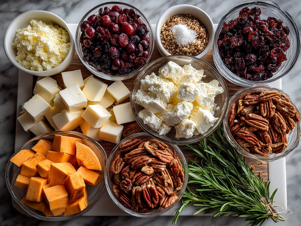 Ingredients including sweet potatoes, brie cheese, cranberries, and pecans for Sweet Potato Brie Cranberry Pecans