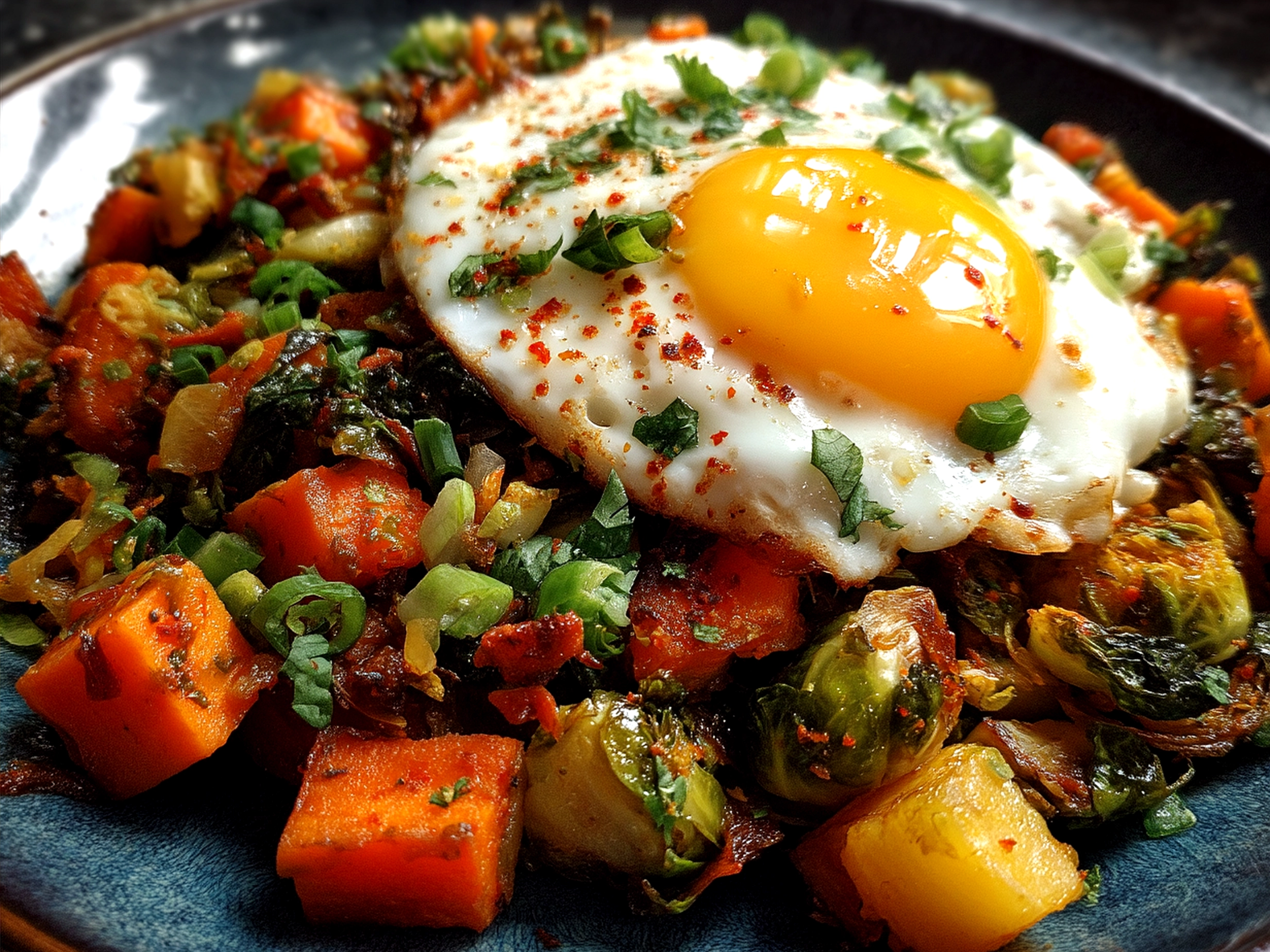 Serving of Sweet Potato Brussel Hash with poached egg and fresh herbs on a warm ceramic plate