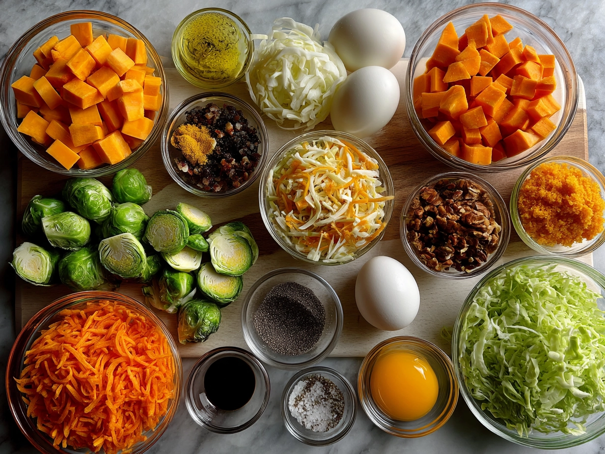 Ingredients for Sweet Potato Brussel Hash including sweet potatoes, Brussels sprouts, onions, and spices