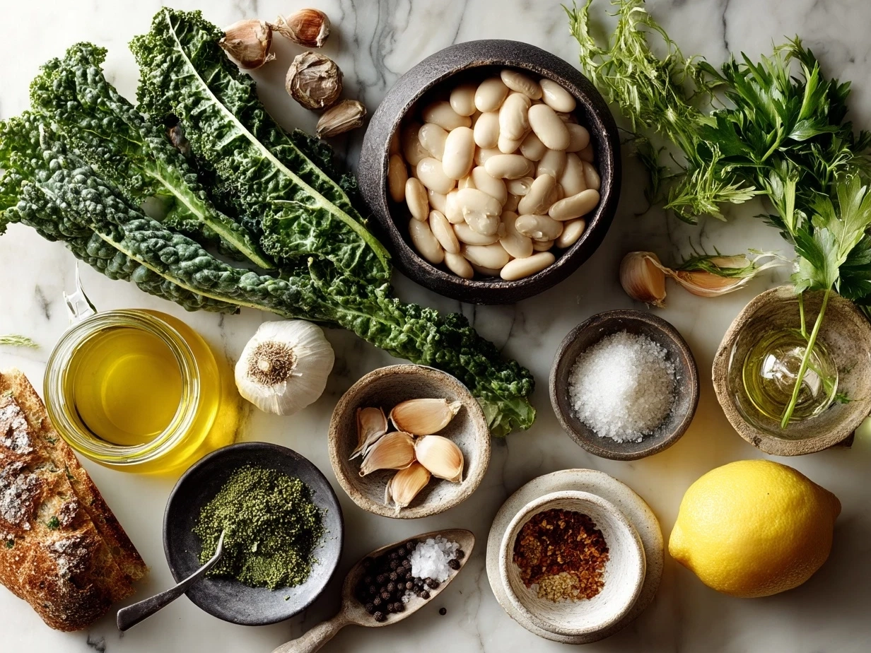 Top down view of ingredients including olive oil, kale, carrots, celery, onions, garlic, and cannellini beans for White Bean Kale Soup