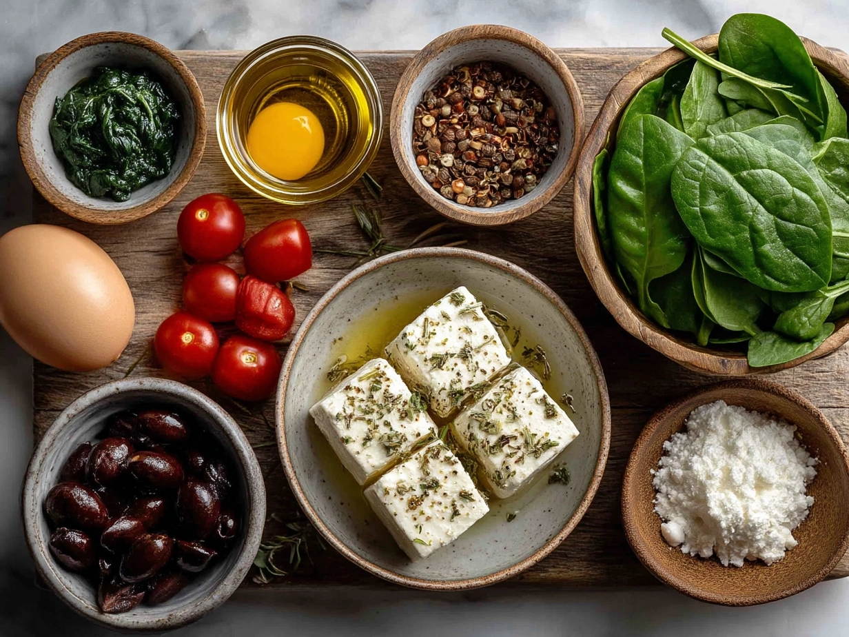 Raw ingredients for baked feta pasta with spinach arranged on a table