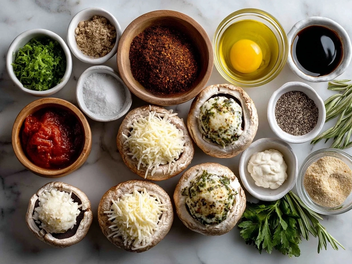 Top-down view of raw ingredients for Baked Stuffed Portobello Mushrooms including mushrooms, spinach, cherry tomatoes, garlic, onion, cheese, olive oil, and nuts