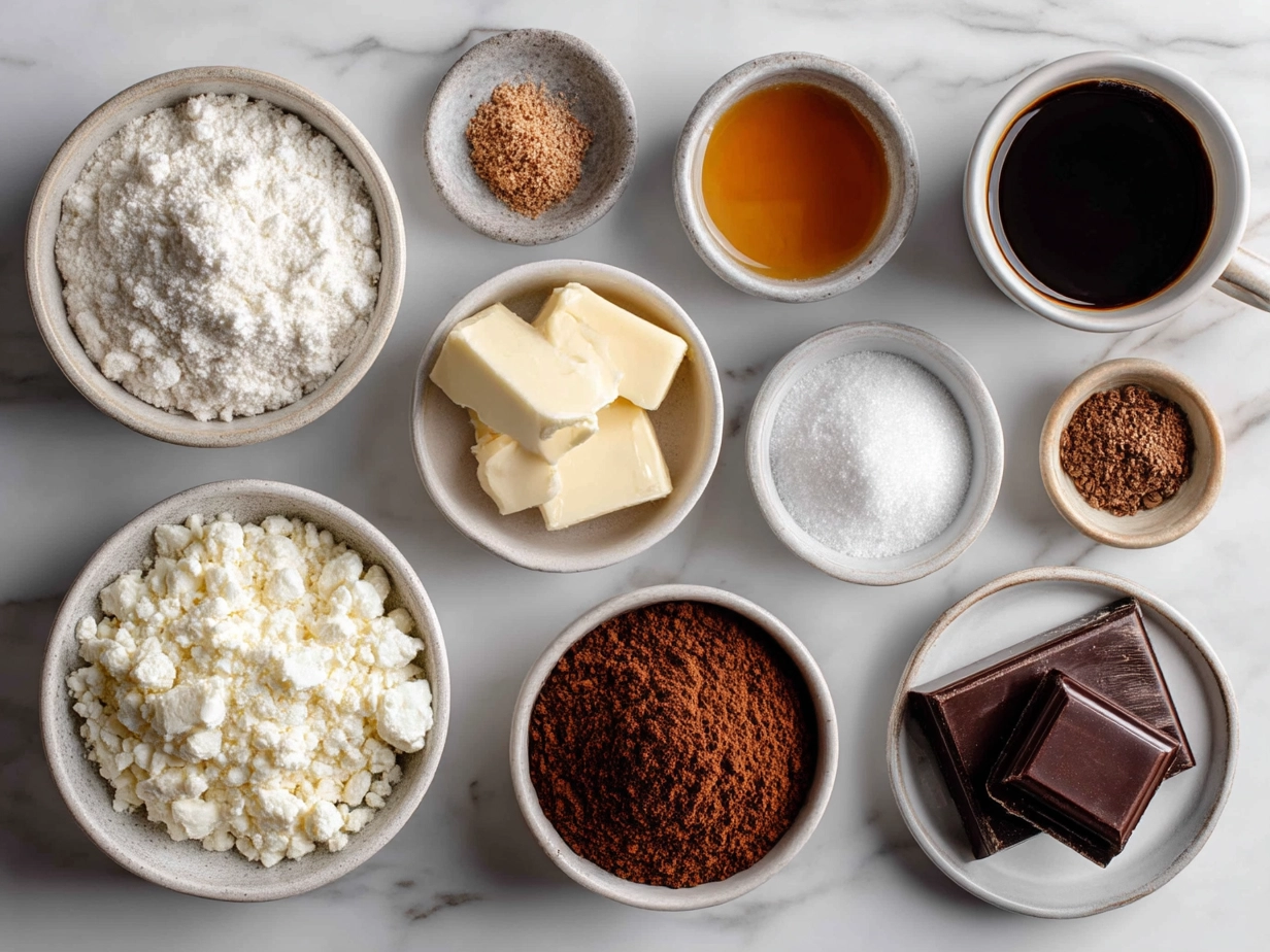Top down view of raw ingredients for caramel chocolate coffee cheesecake on marble surface
