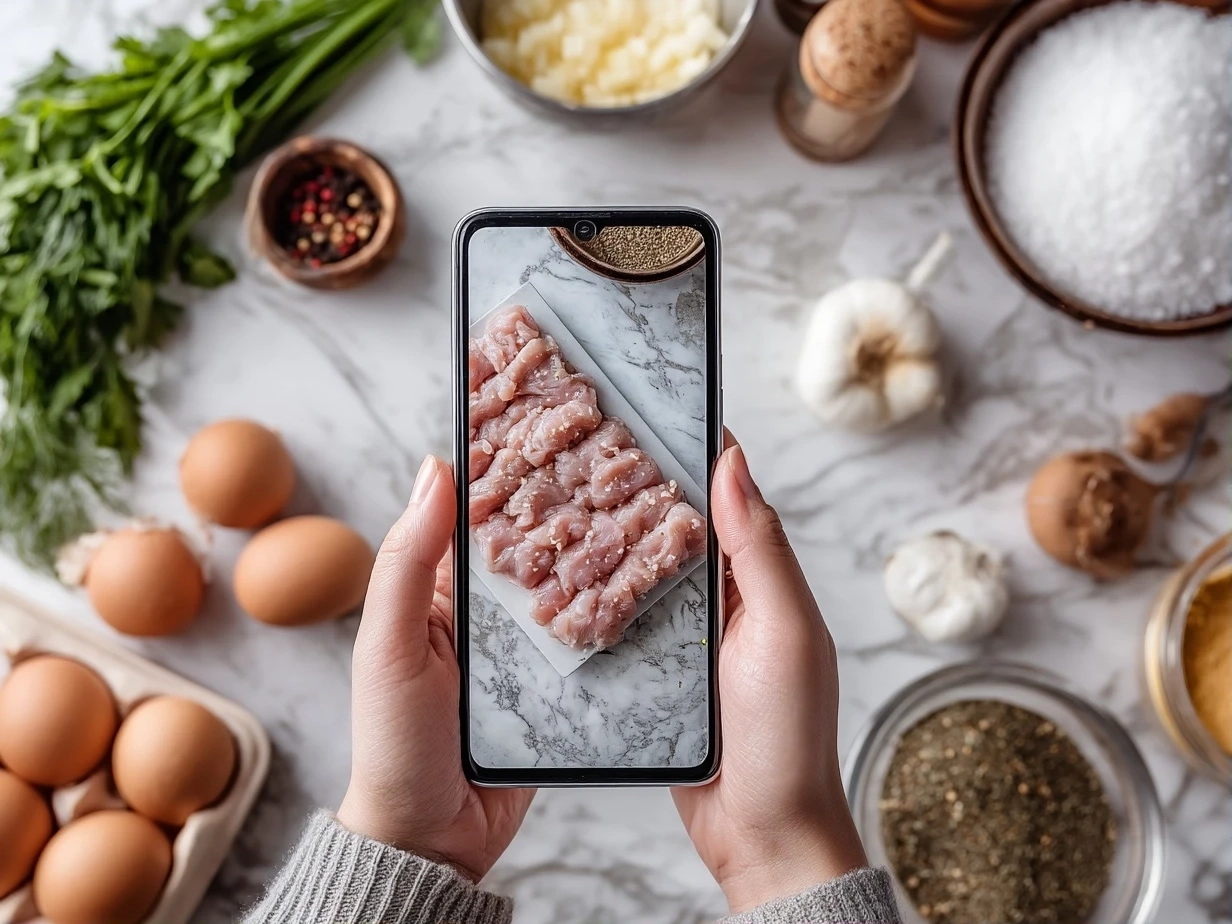 Top-down view of raw ingredients for chicken kebabs on marble surface