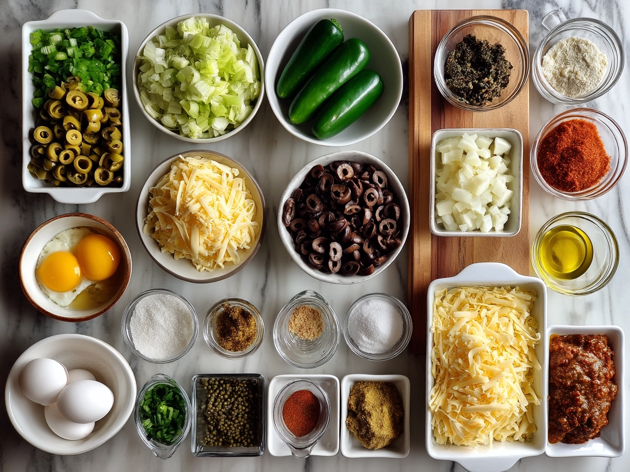 Raw ingredients for Chile Relleno Casserole laid out on a marble countertop