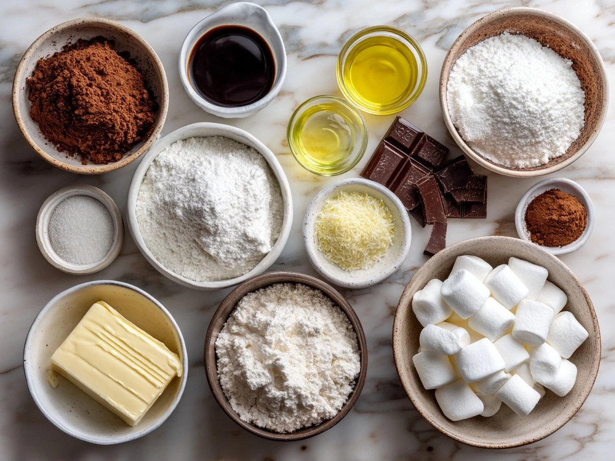 Top down view of raw ingredients for Chocolate Marshmallow Swirl Cookies including butter, sugars, eggs, vanilla, flour, cocoa powder, chocolate chips, and marshmallow creme