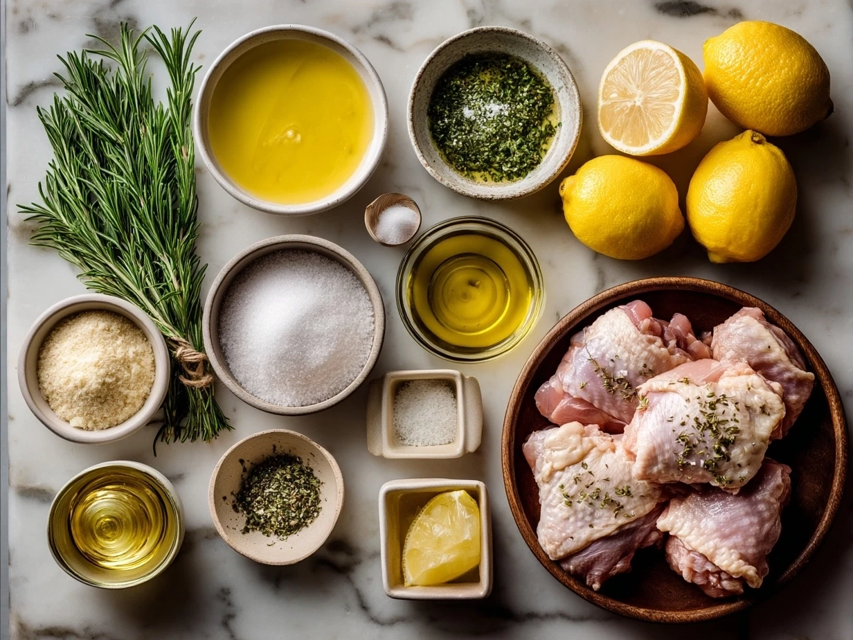 Raw ingredients for Citrus Chicken Thighs arranged on marble surface