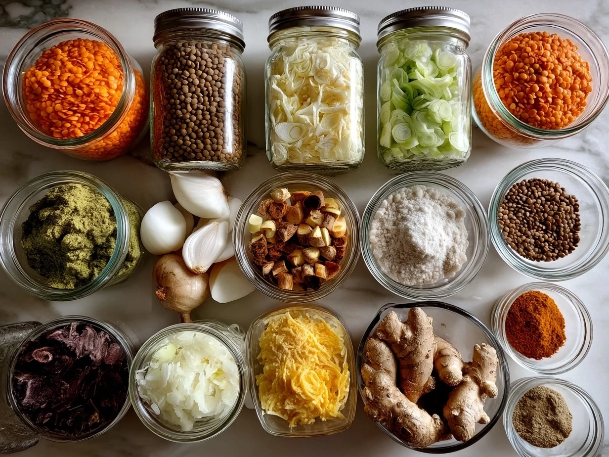 Top-down view of raw ingredients for Coconut Curry Lentil Soup: red lentils, spices, coconut milk, chopped vegetables