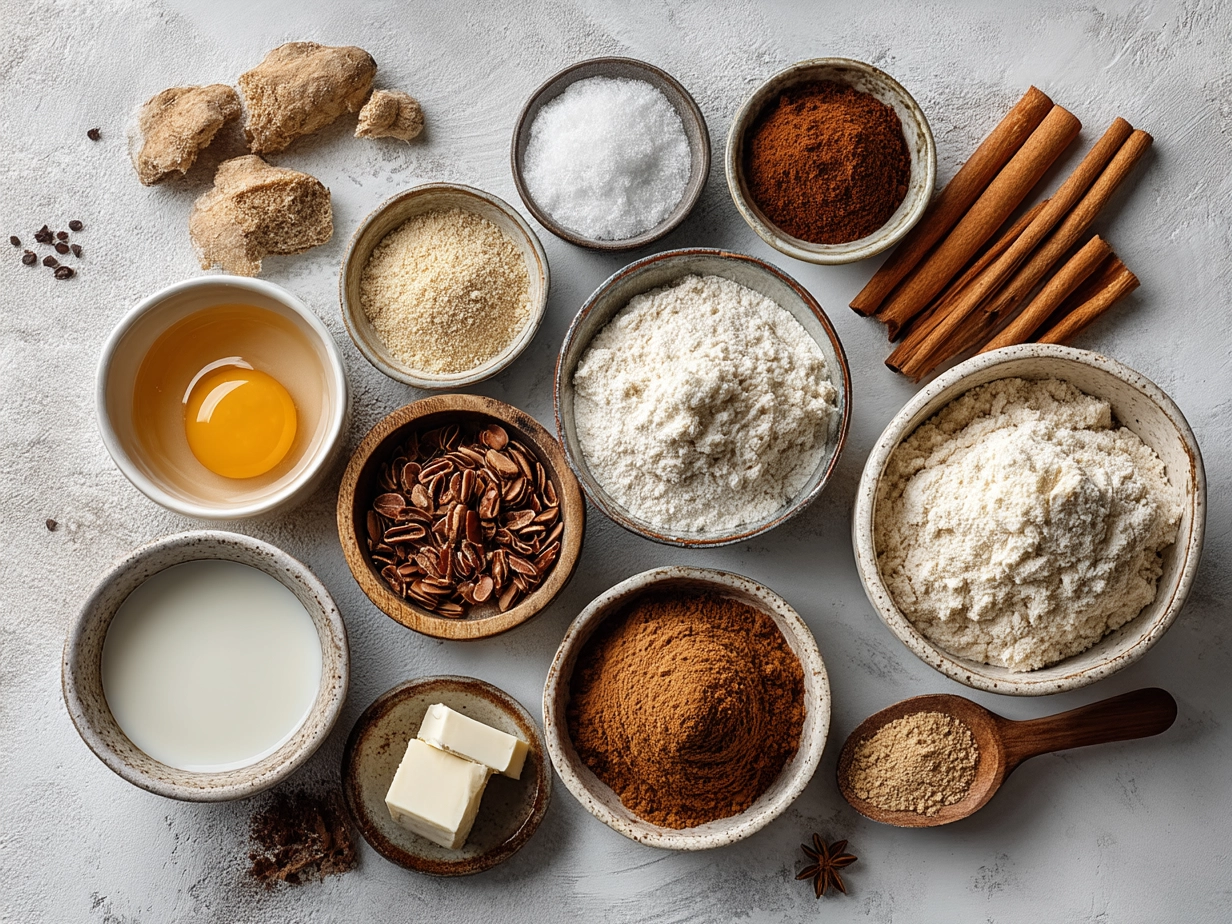 Top down raw ingredients for gingerbread protein snacks on marble