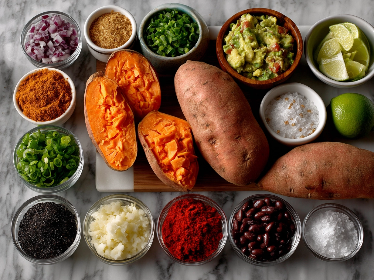 Top-down view of raw ingredients for Loaded Sweet Potato Burritos on marble surface