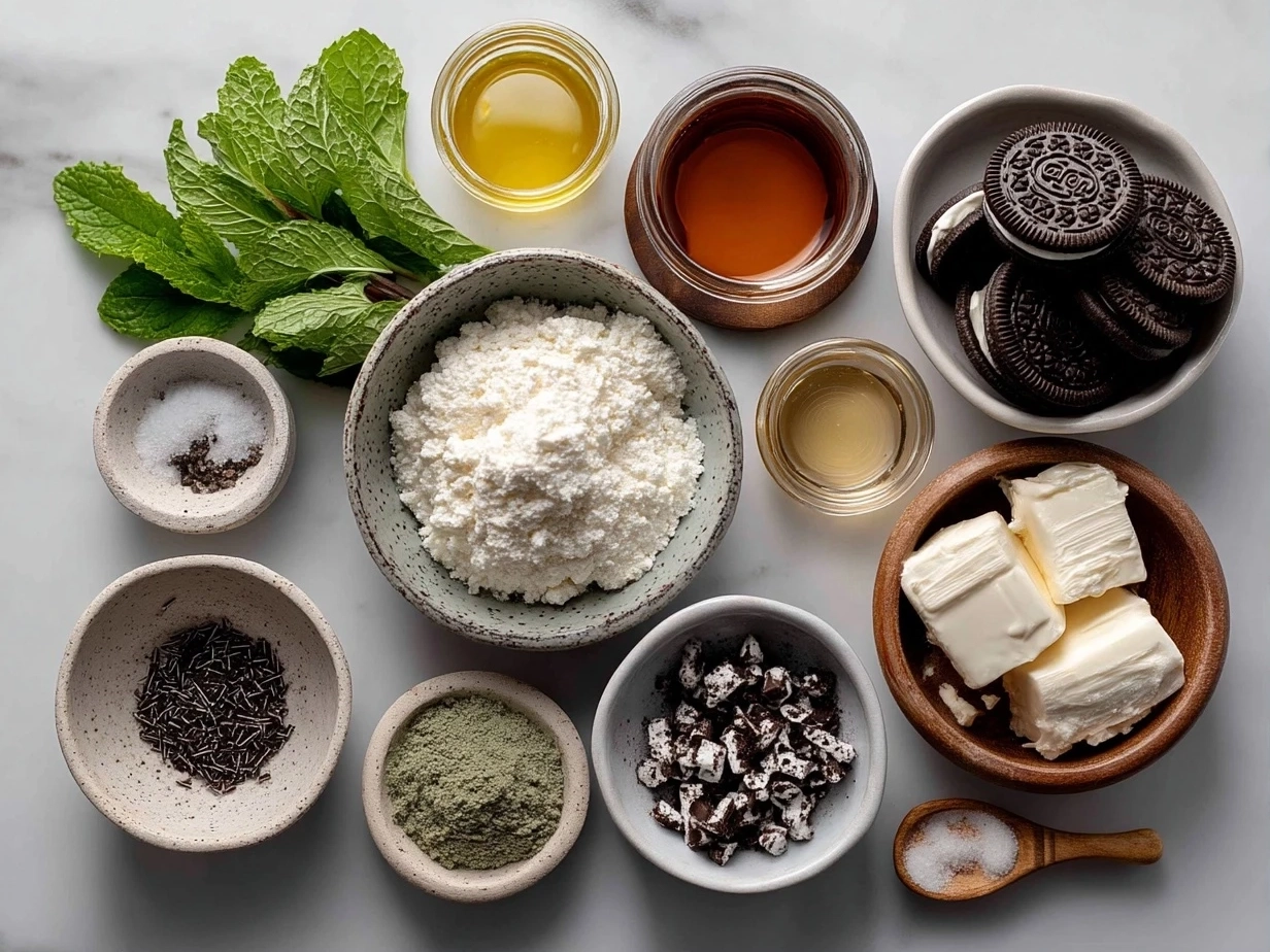 Top-down view of raw ingredients for Mint Oreo Parfaits arranged neatly on white marble surface