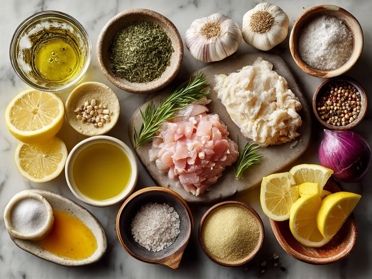Top down raw ingredients for One-Pot Lemon Chicken Soup arranged on marble countertop with modern kitchen mise en place