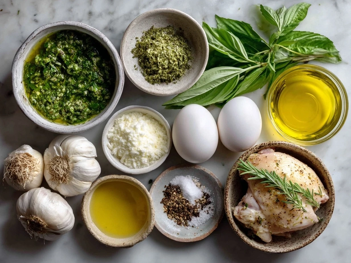 Top down raw ingredients for pesto chicken on marble. Modern kitchen organized mise en place.