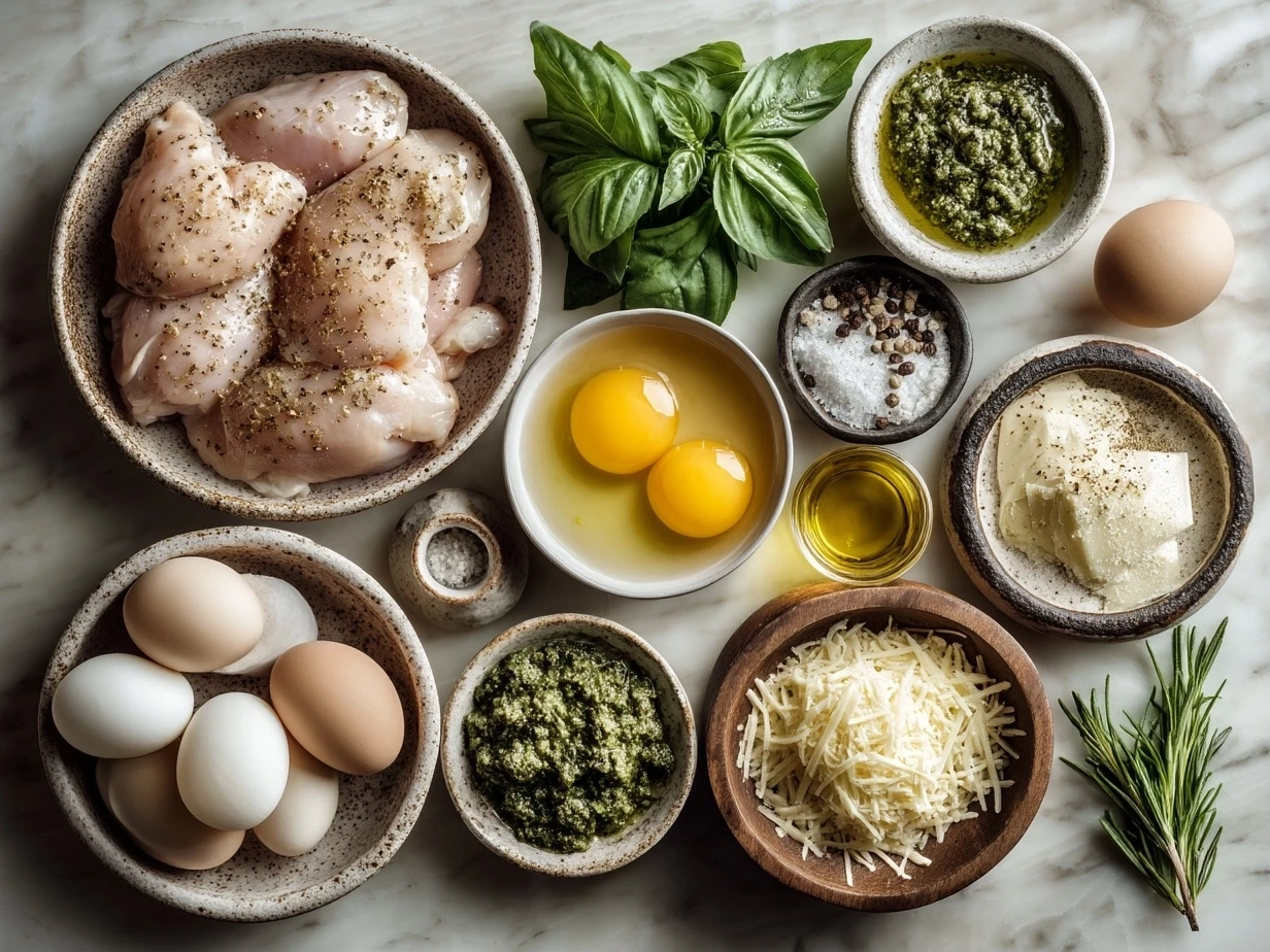 Top down view of raw ingredients for pesto stuffed chicken on marble surface, including chicken breasts, fresh basil pesto, cheese, olive oil, and seasoning