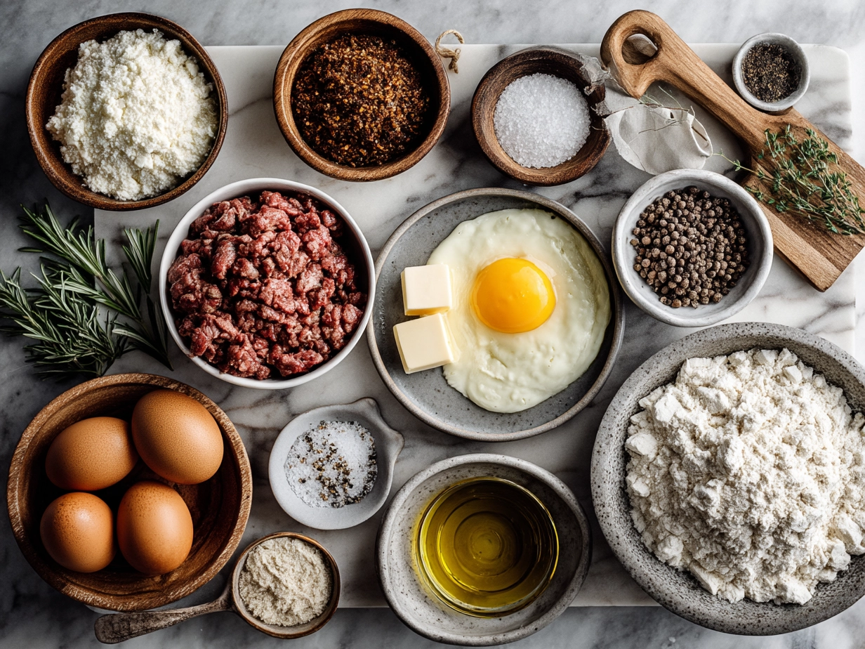 Top down raw ingredients for Philly Cheesesteak Sliders on marble, modern kitchen organized mise en place