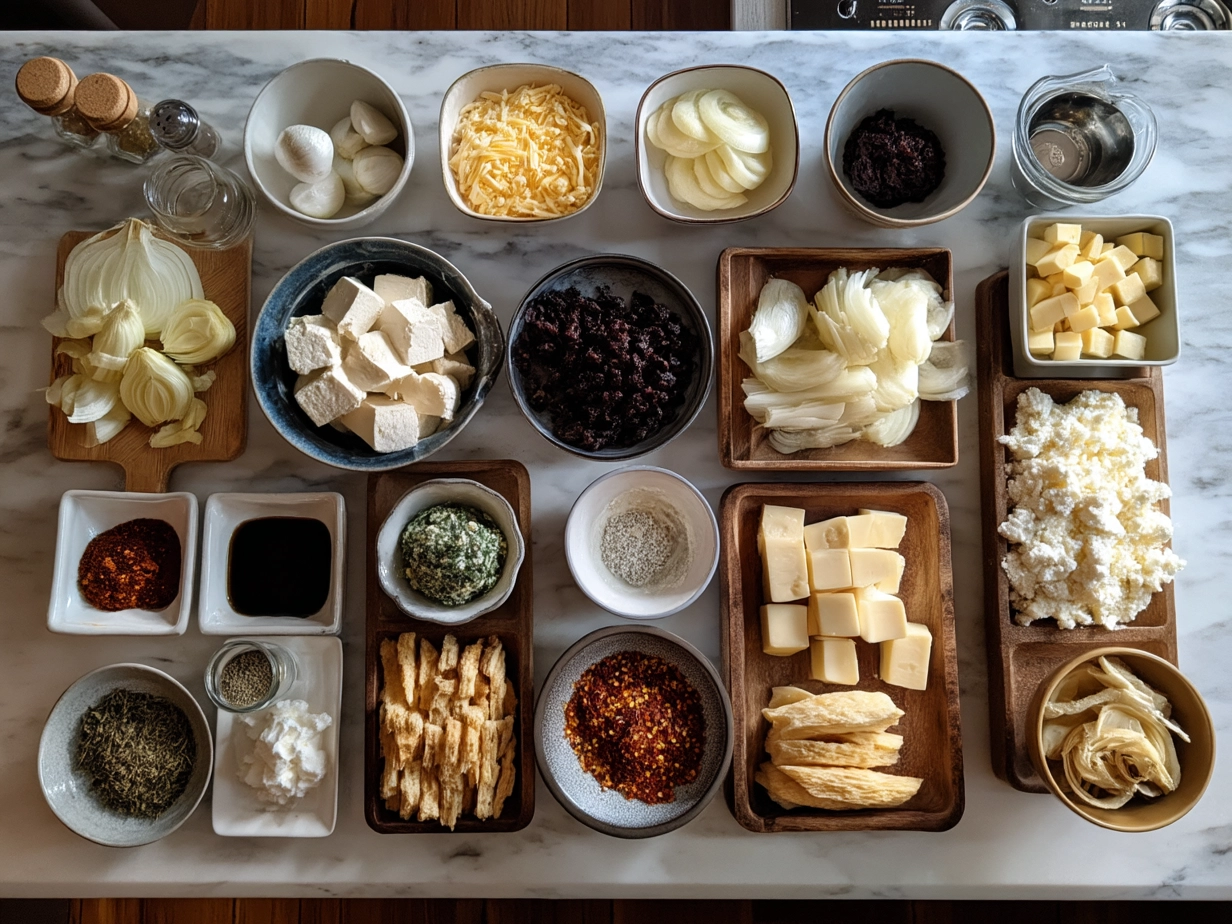 Top-down view of raw ingredients for queso on a marble surface