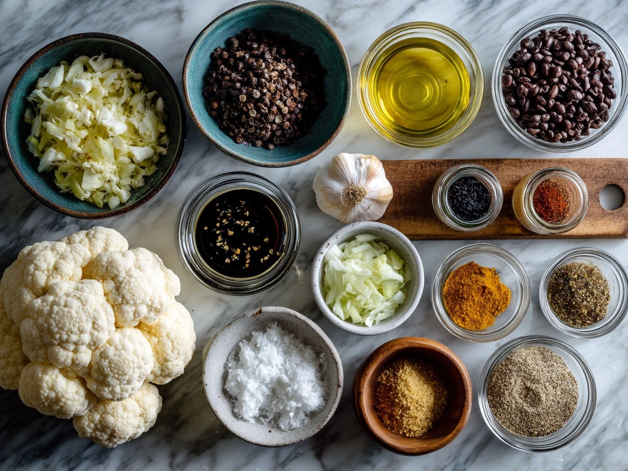 Top down raw ingredients for roasted cauliflower tacos on marble. Modern kitchen organized mise en place.