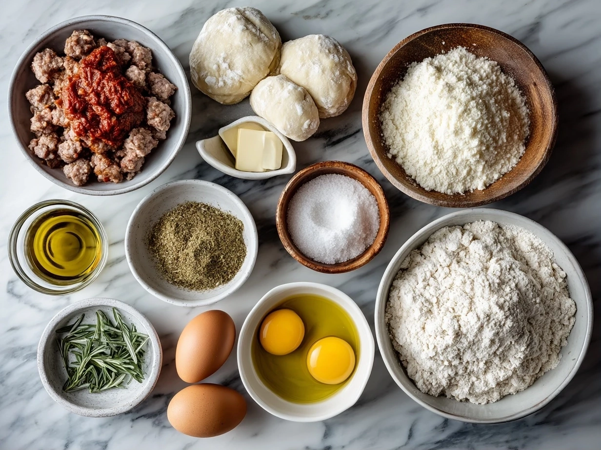 Top down view of raw ingredients for sausage gnocchi with modern kitchen background
