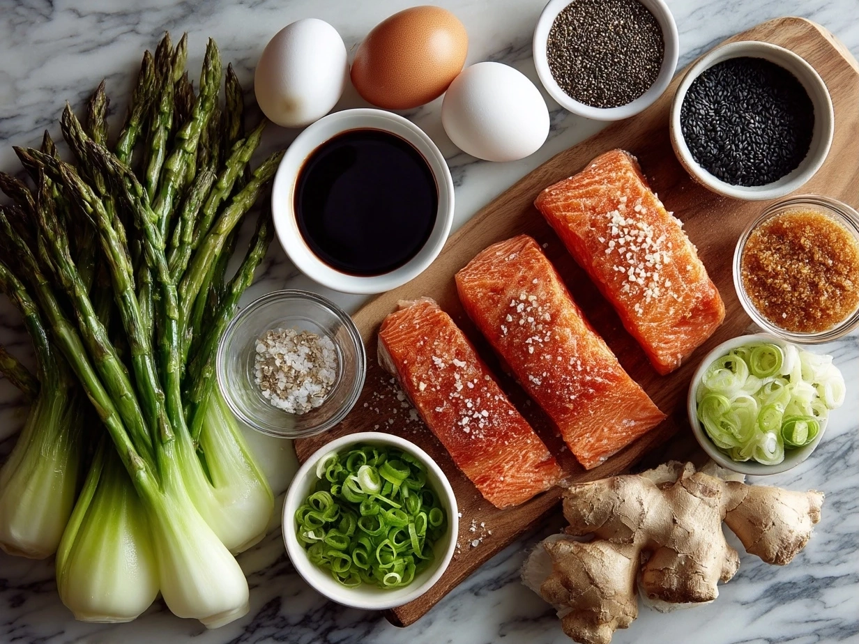 Top-down view of raw ingredients for Sheet Pan Teriyaki Salmon including salmon fillets, ginger, garlic, and seasonings