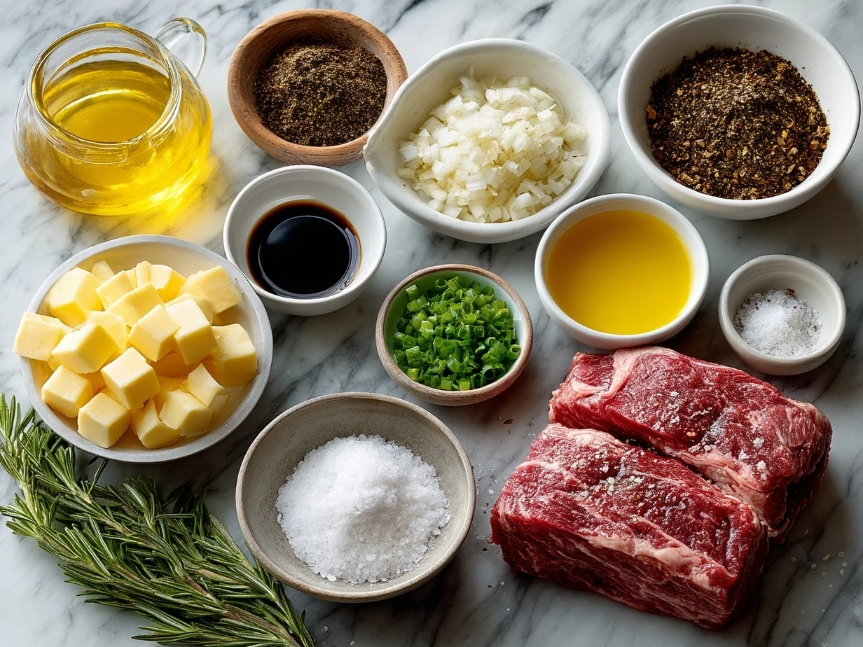Top-down view of raw ingredients for Slow Cooker Italian Beef Sandwiches including beef roast, garlic cloves, onions, pepperoncini peppers, and spices