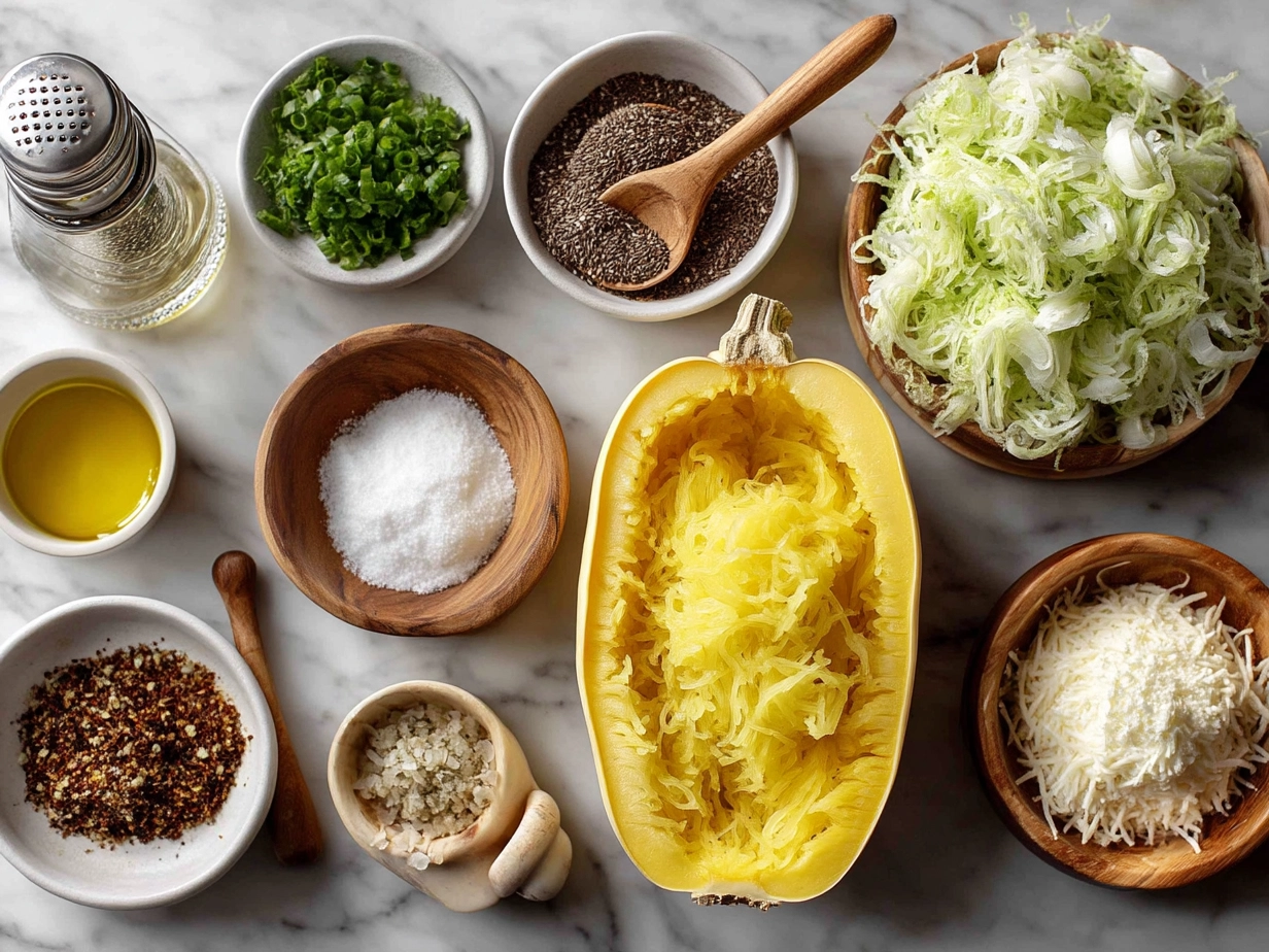Raw ingredients laid out for Spaghetti Squash Alfredo Boats on a marble surface, including spaghetti squash, cheeses, garlic, and butter.
