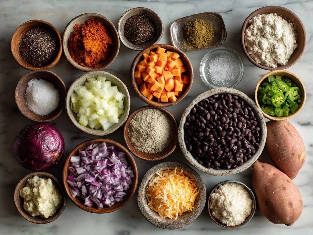Top-down view of raw ingredients for sweet potato black bean enchiladas on marble, arranged neatly in a modern kitchen
