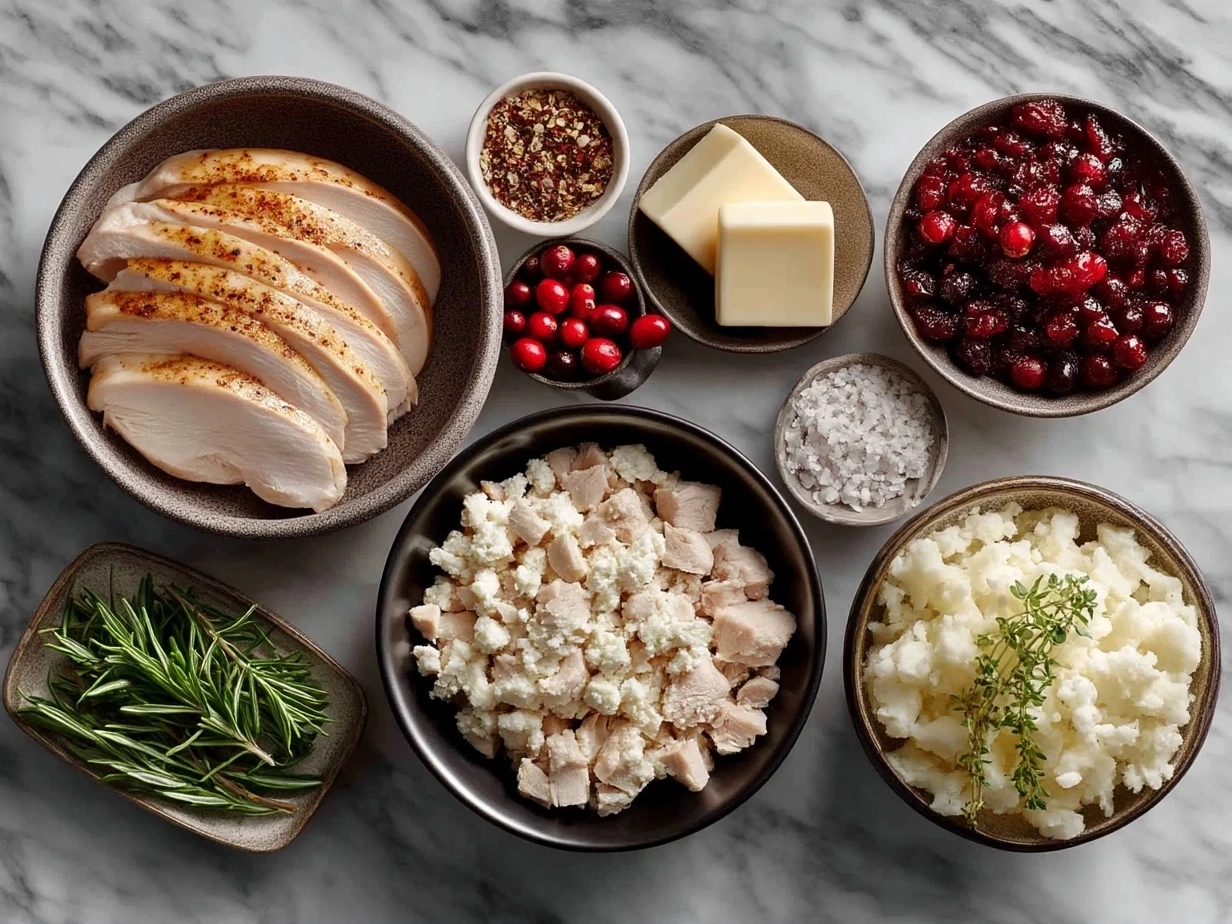 Top-down view of raw ingredients for Turkey Cranberry Quesadillas including tortillas, turkey, cranberry sauce, cheese, and green onions