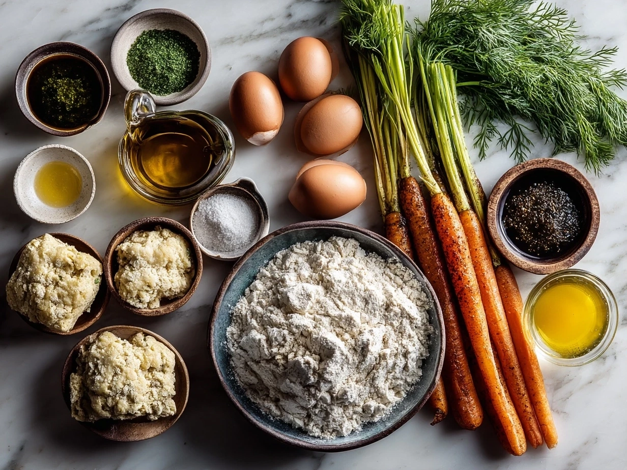Top-down view of raw ingredients for Turkey Pot Pie with Biscuit Topping laid out neatly on a marble countertop in a modern kitchen