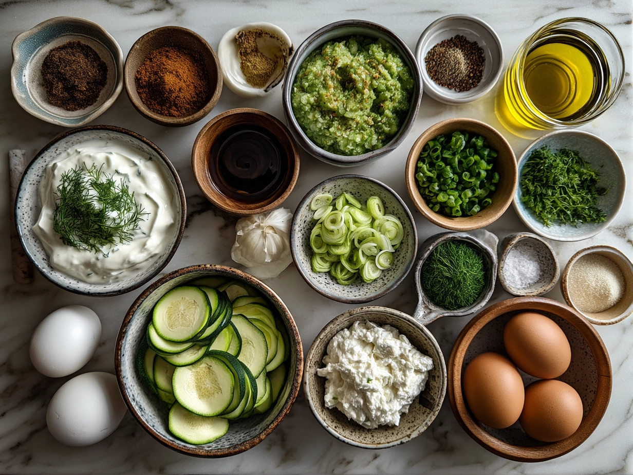 Top down view of raw ingredients for zucchini fritter stack on white marble