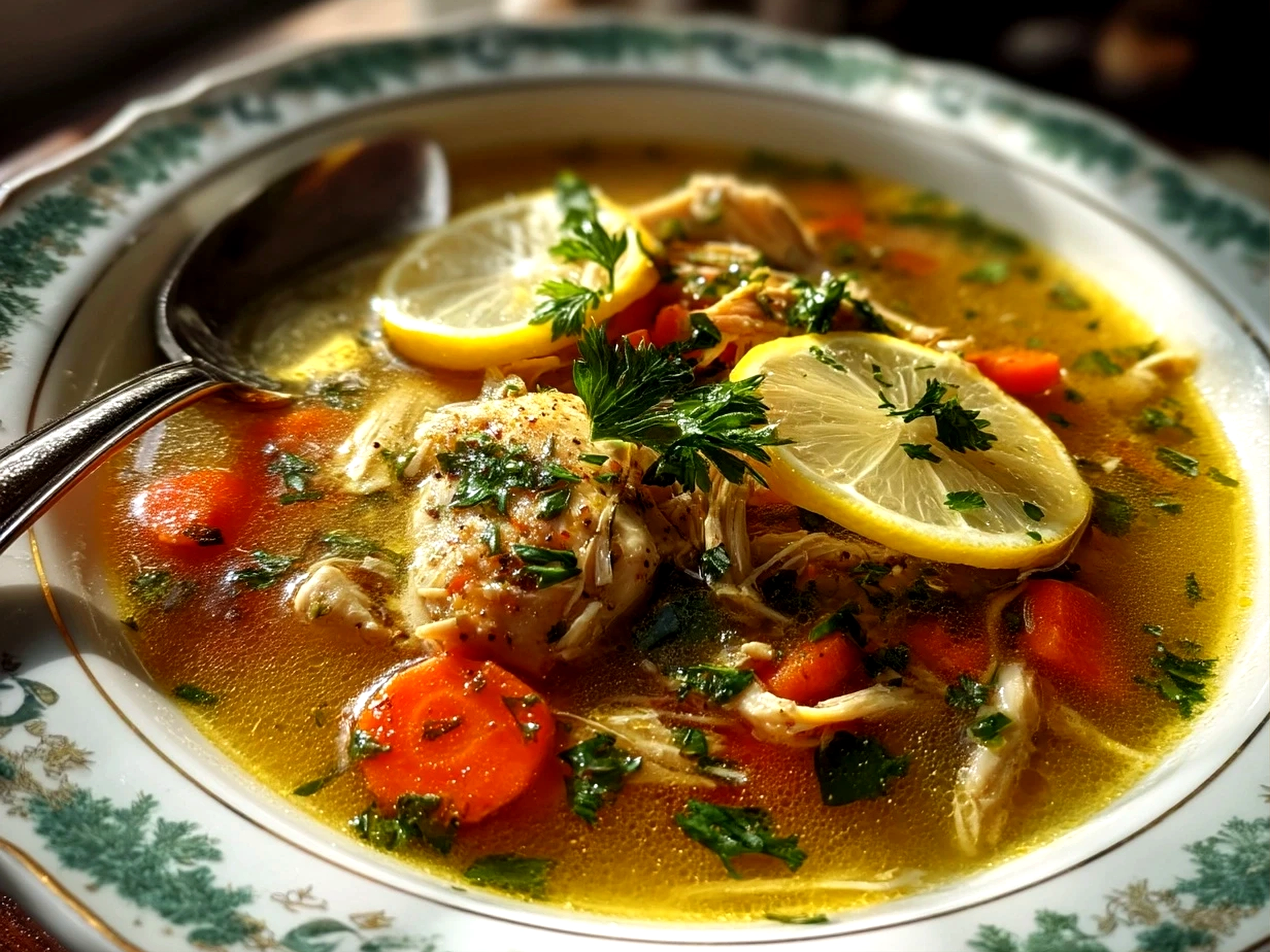 Close-up of finished comforting One-Pot Lemon Chicken Soup with fresh vibrant finish