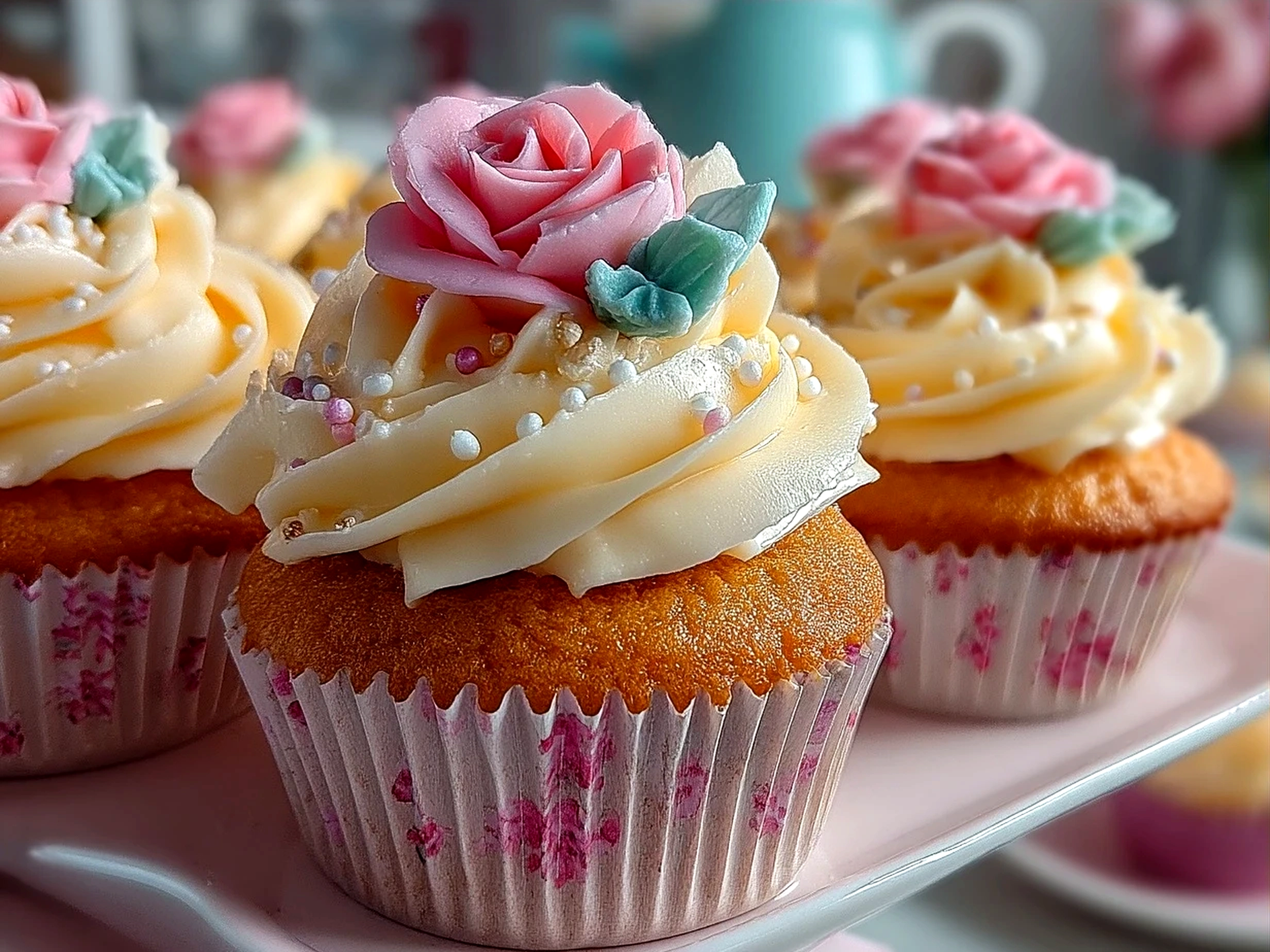 Finished Vanilla Rose Buttercream Cupcakes decorated with pink rose frosting and fresh flowers