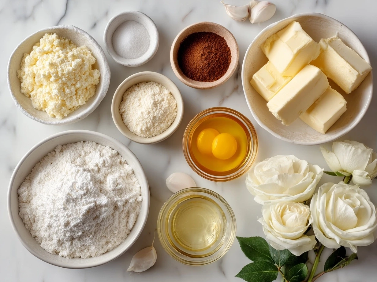 Ingredients for Vanilla Rose Buttercream Cupcakes arranged on a wooden table