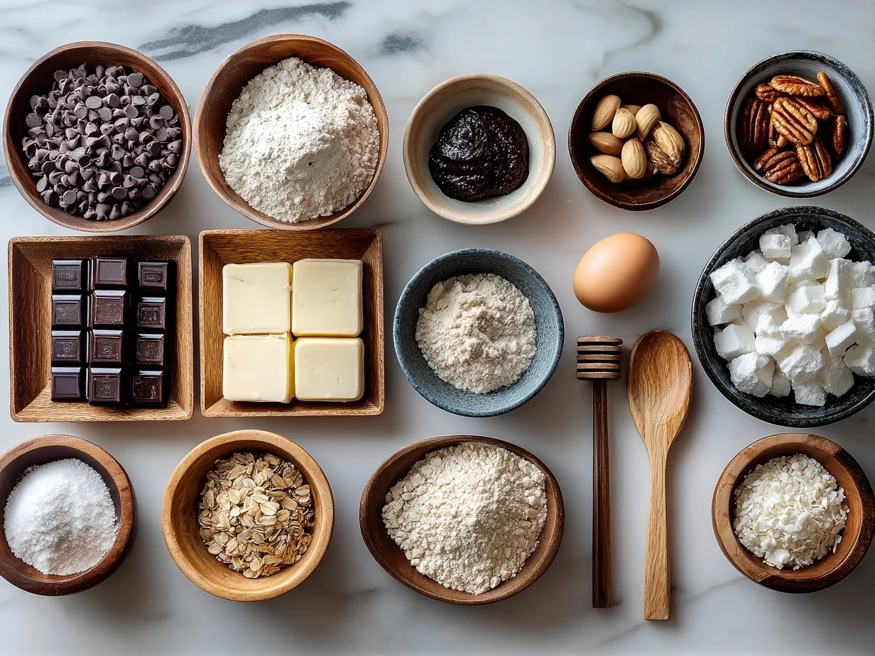 Ingredients laid out for Vegan Brownies including flour, cocoa powder, coconut oil, applesauce, and chocolate chips