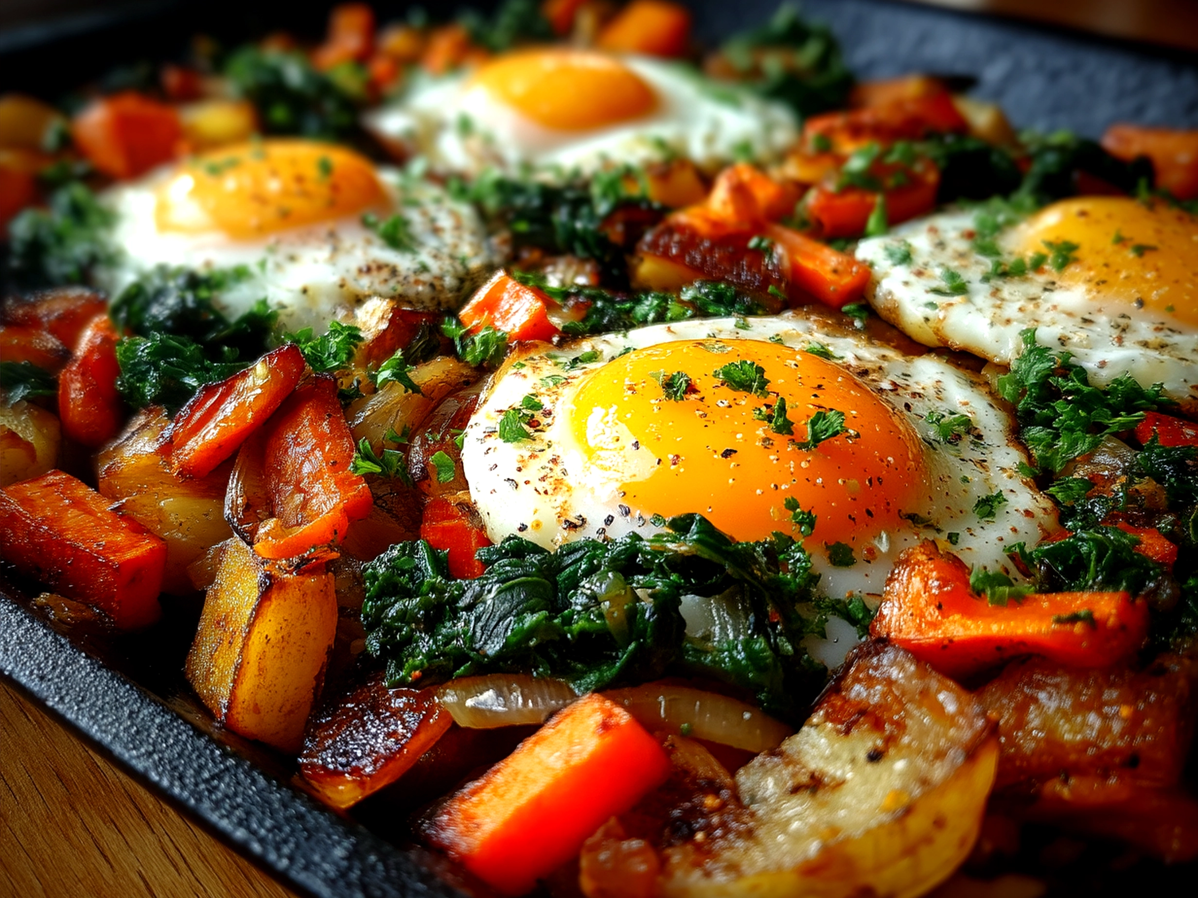 Serving of Veggie Sheet Pan Hash in a rustic bowl ready to eat