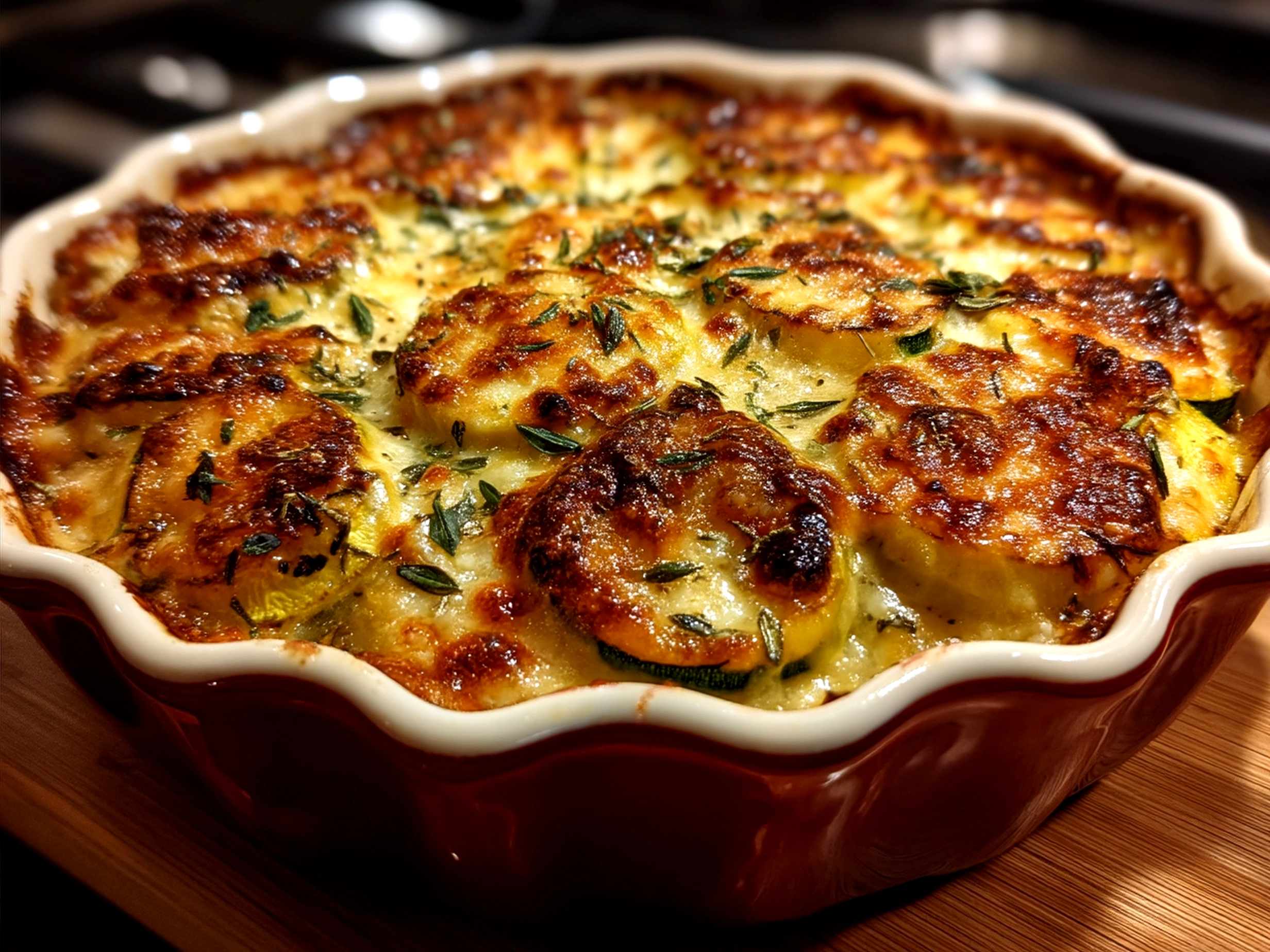 Serving of Yellow Squash Parmesan casserole ready to enjoy