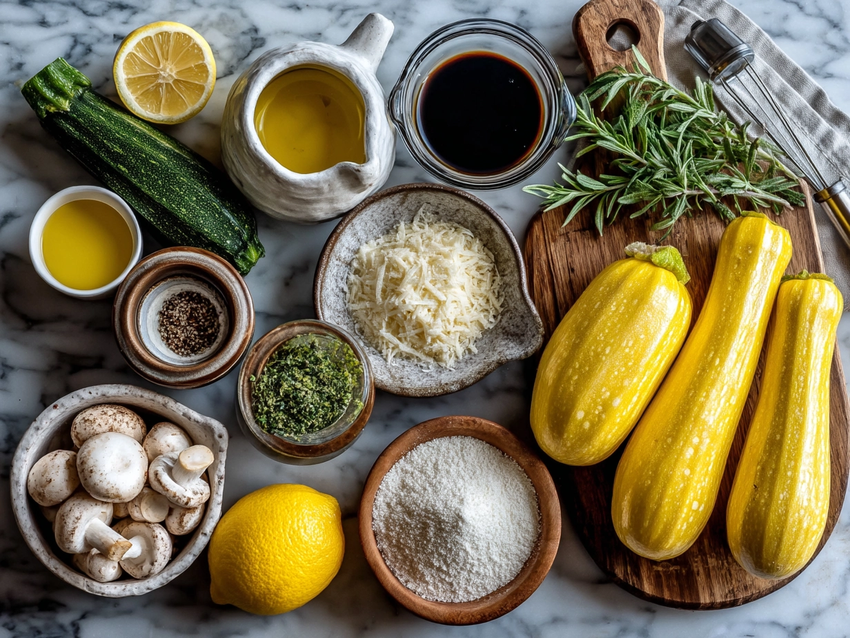 Ingredients for Yellow Squash Parmesan laid out on a wooden surface