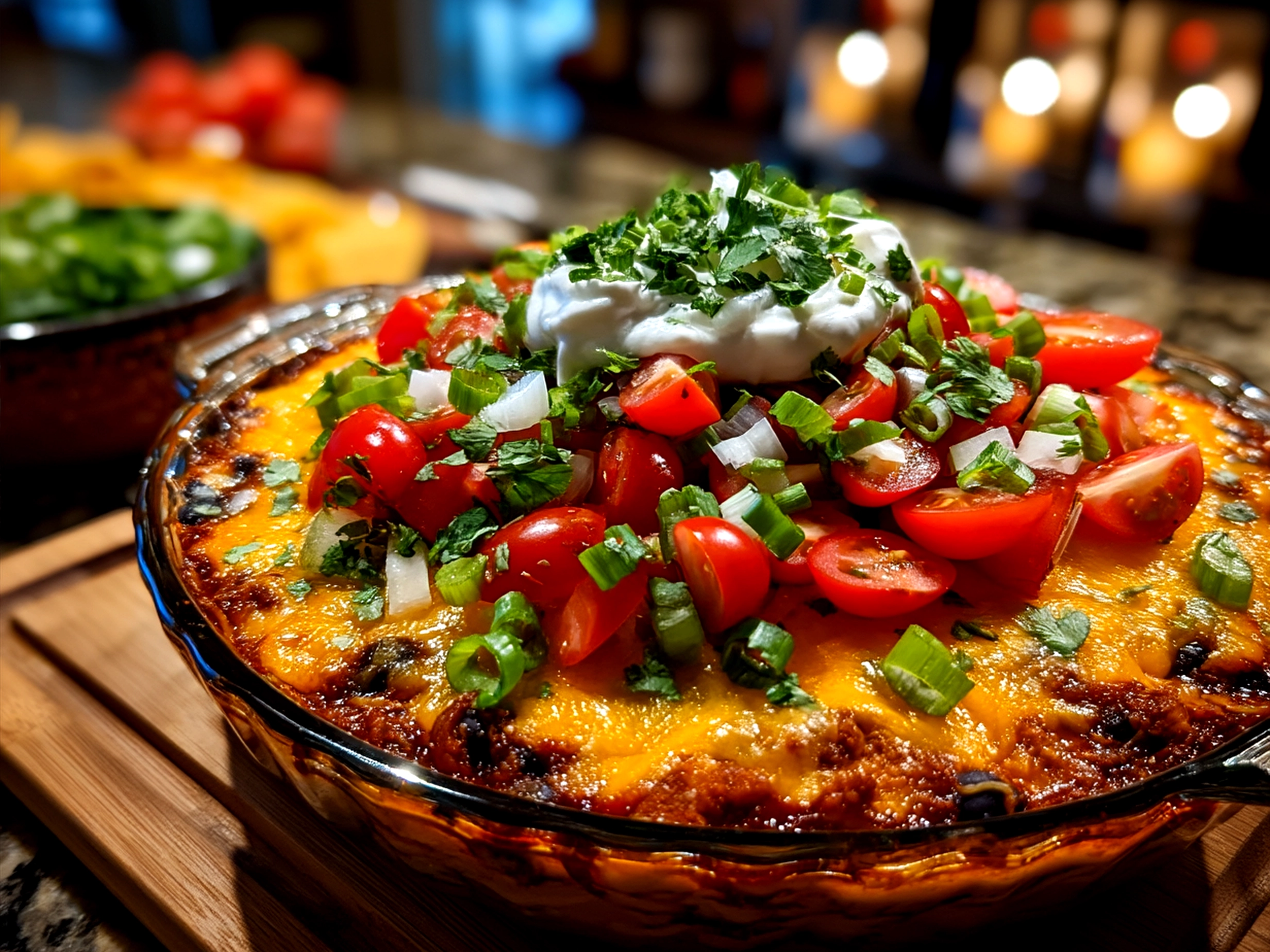 A bowl of 7-Layer Taco Dip served with tortilla chips and fresh lime wedges