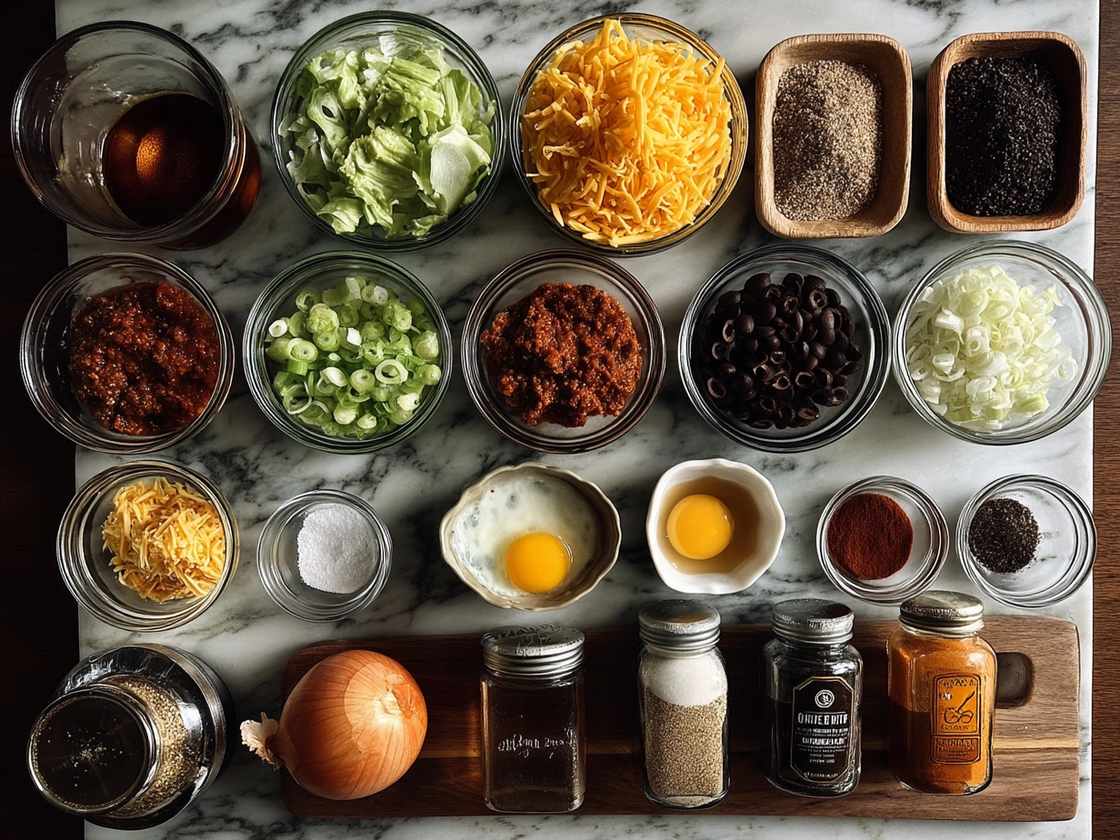 Ingredients for 7-Layer Taco Dip laid out on a kitchen counter
