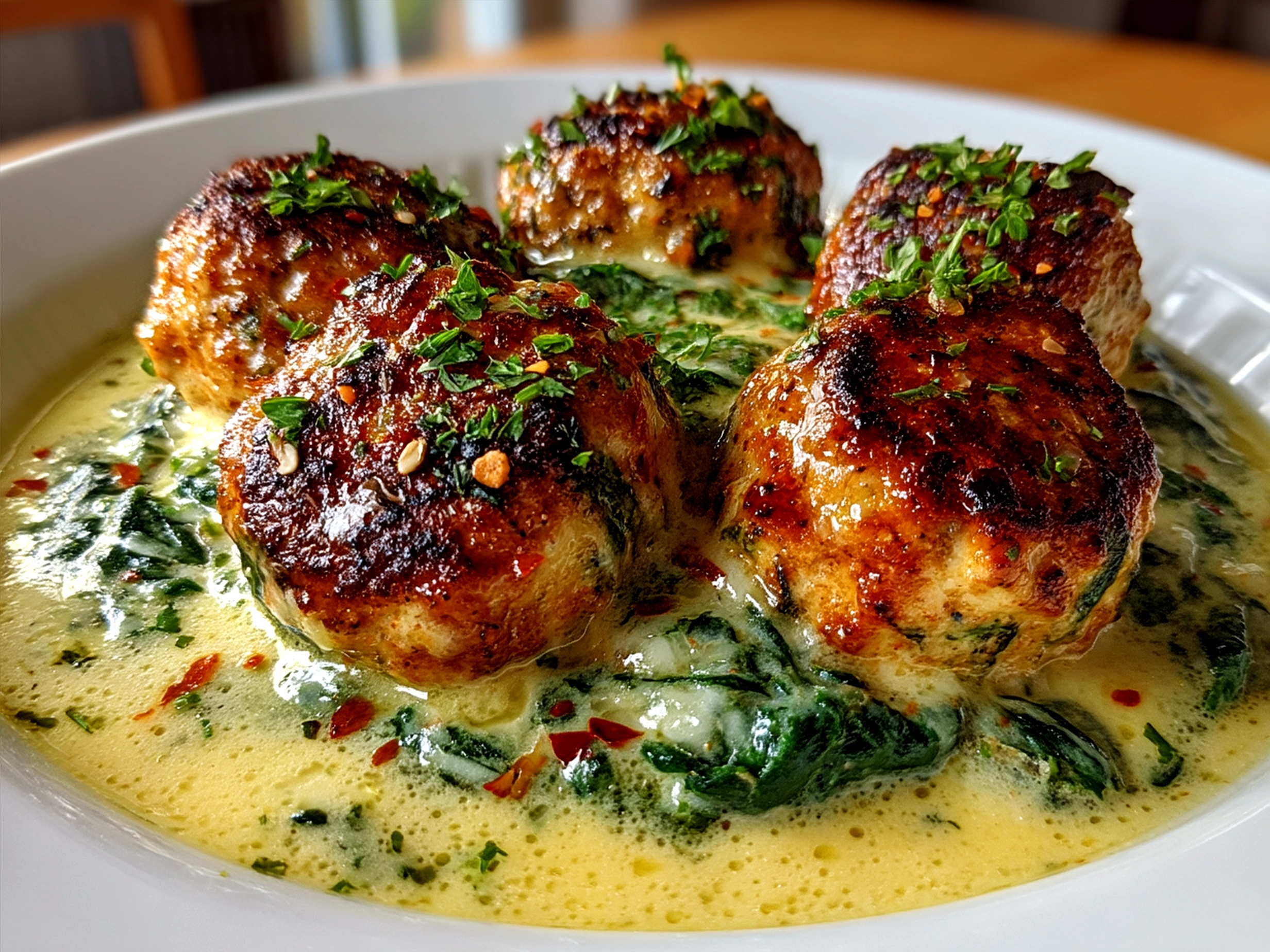 Served baked chicken ricotta meatballs smothered in creamy spinach alfredo sauce plated with pasta