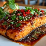 Beautiful crispy Bang Bang Salmon on white plate