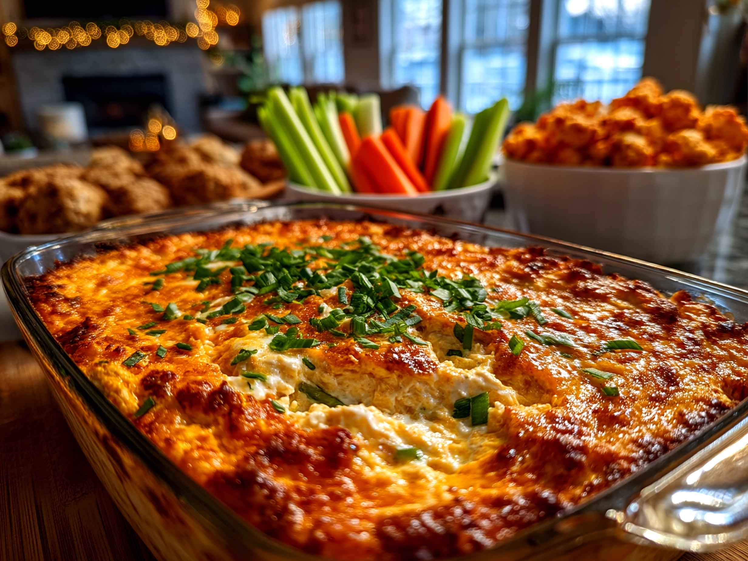 Buffalo Chicken Dip served with crunchy celery and carrot sticks