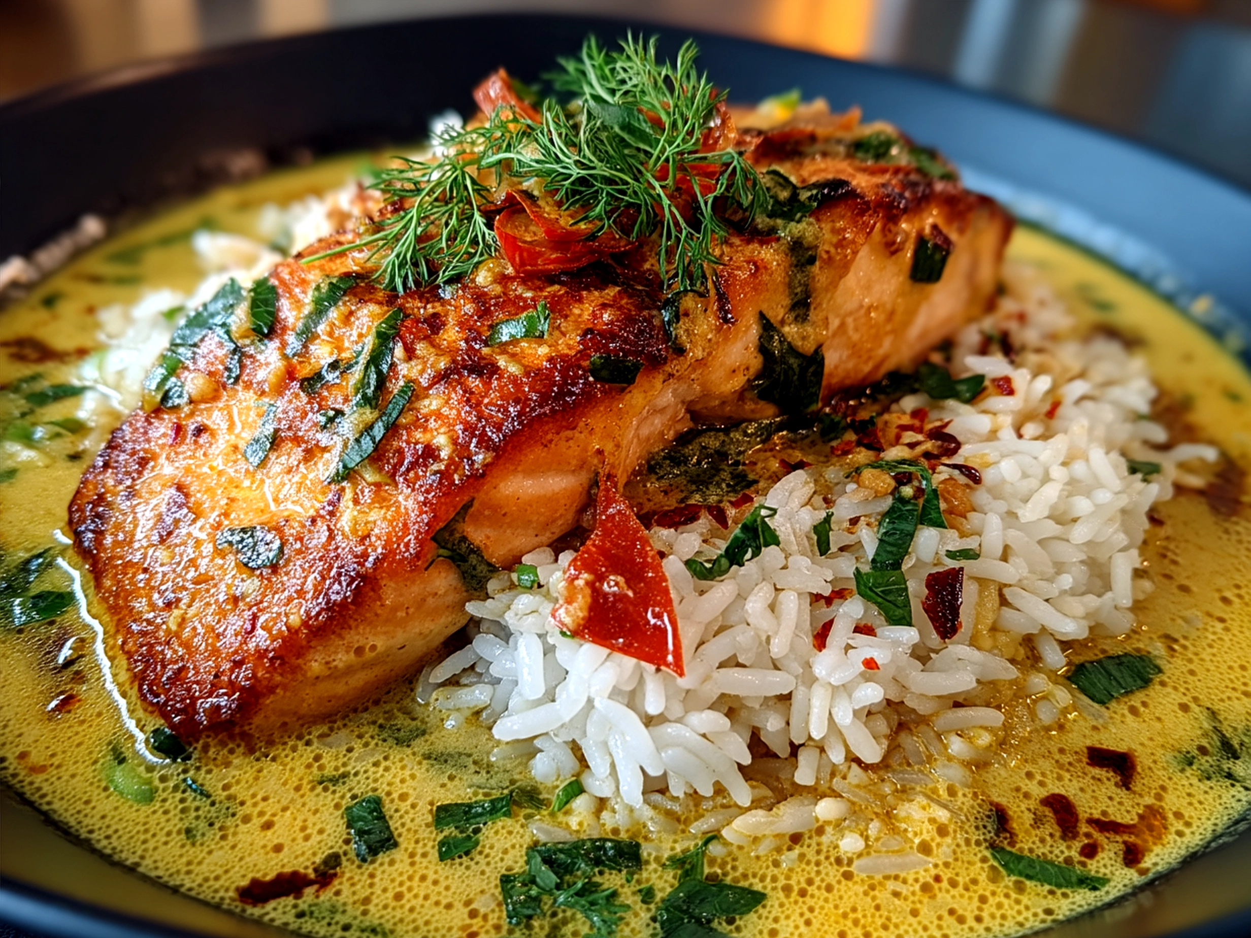 Serving of Caribbean-Style Coconut Curry Salmon plated with rice and steamed greens
