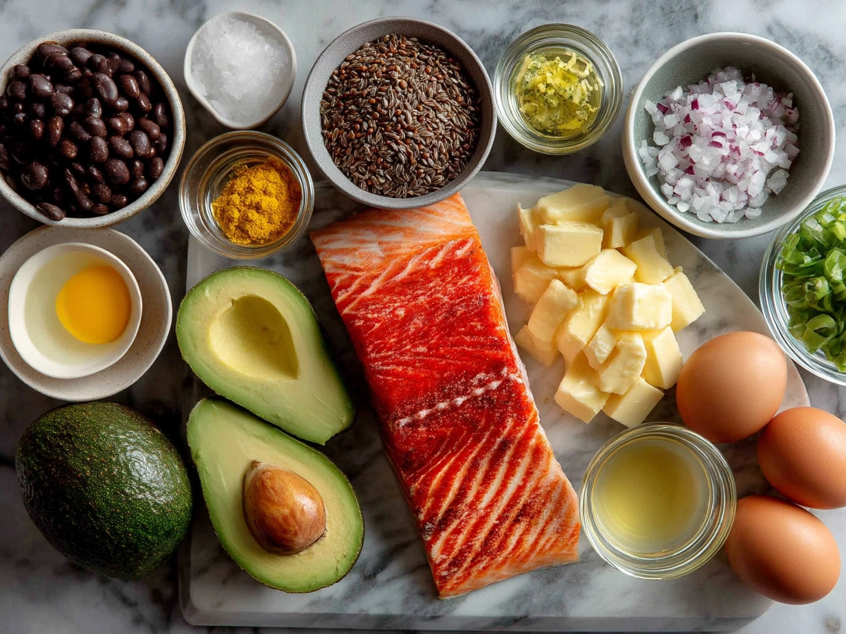 Ingredients for Caribbean-Style Coconut Curry Salmon including salmon fillets, coconut milk, spices, and fresh vegetables