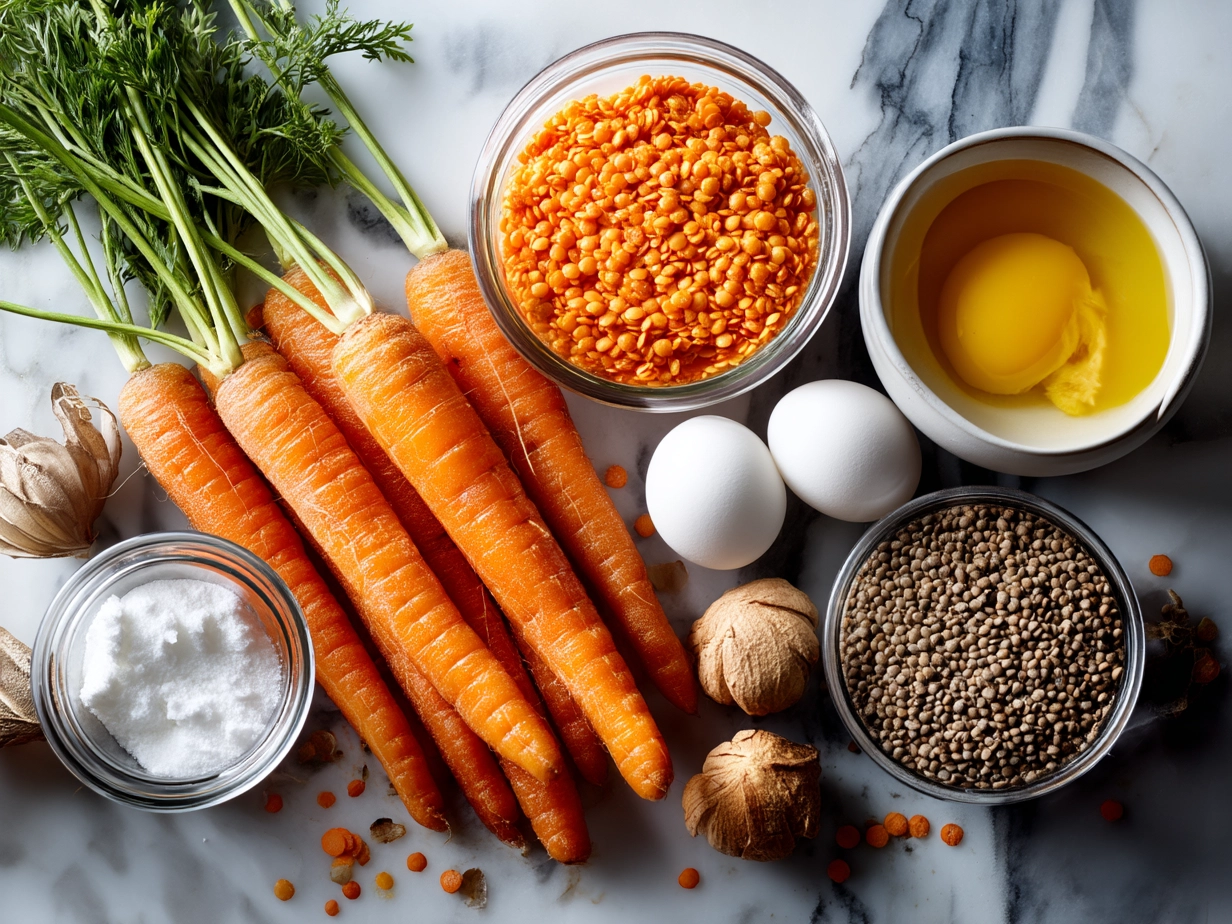 Ingredients laid out for carrot and lentil soup including carrots, lentils, spices, and olive oil