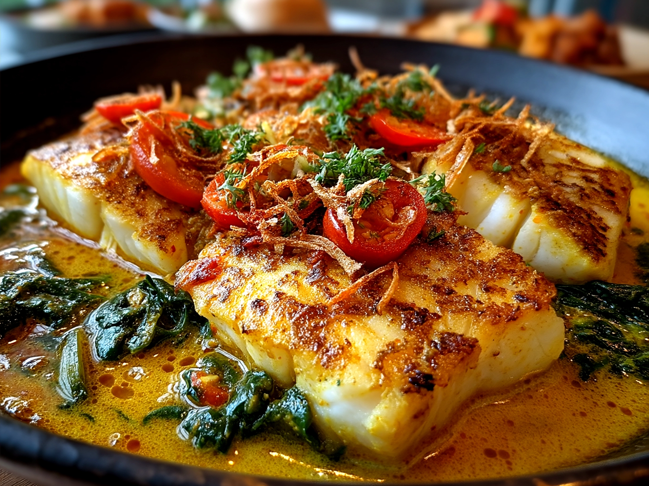 Serving of Coconut Curry Baked Cod garnished with fresh cilantro and lime