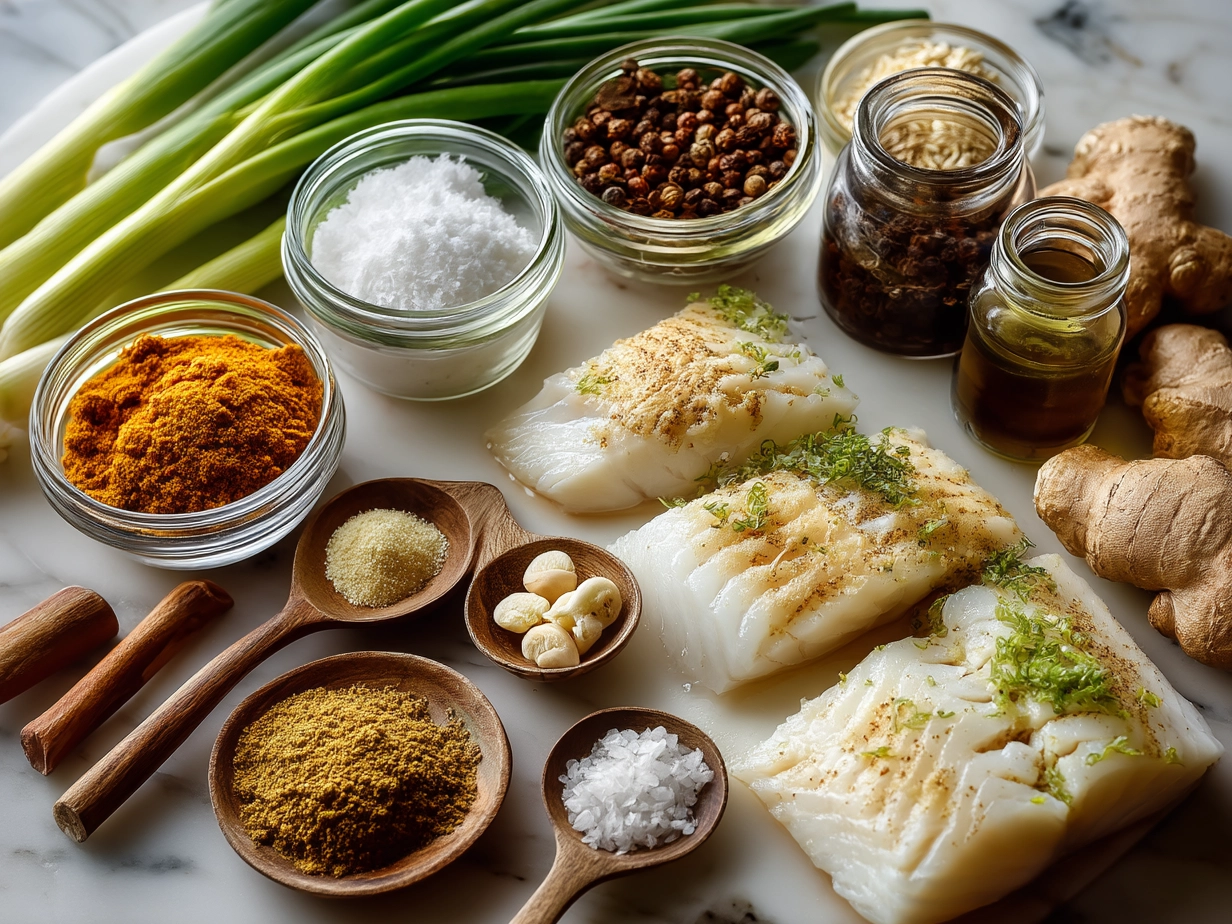 Ingredients for Coconut Curry Baked Cod including cod fillets, coconut milk, red curry paste, ginger, garlic, fish sauce, lime, and cilantro