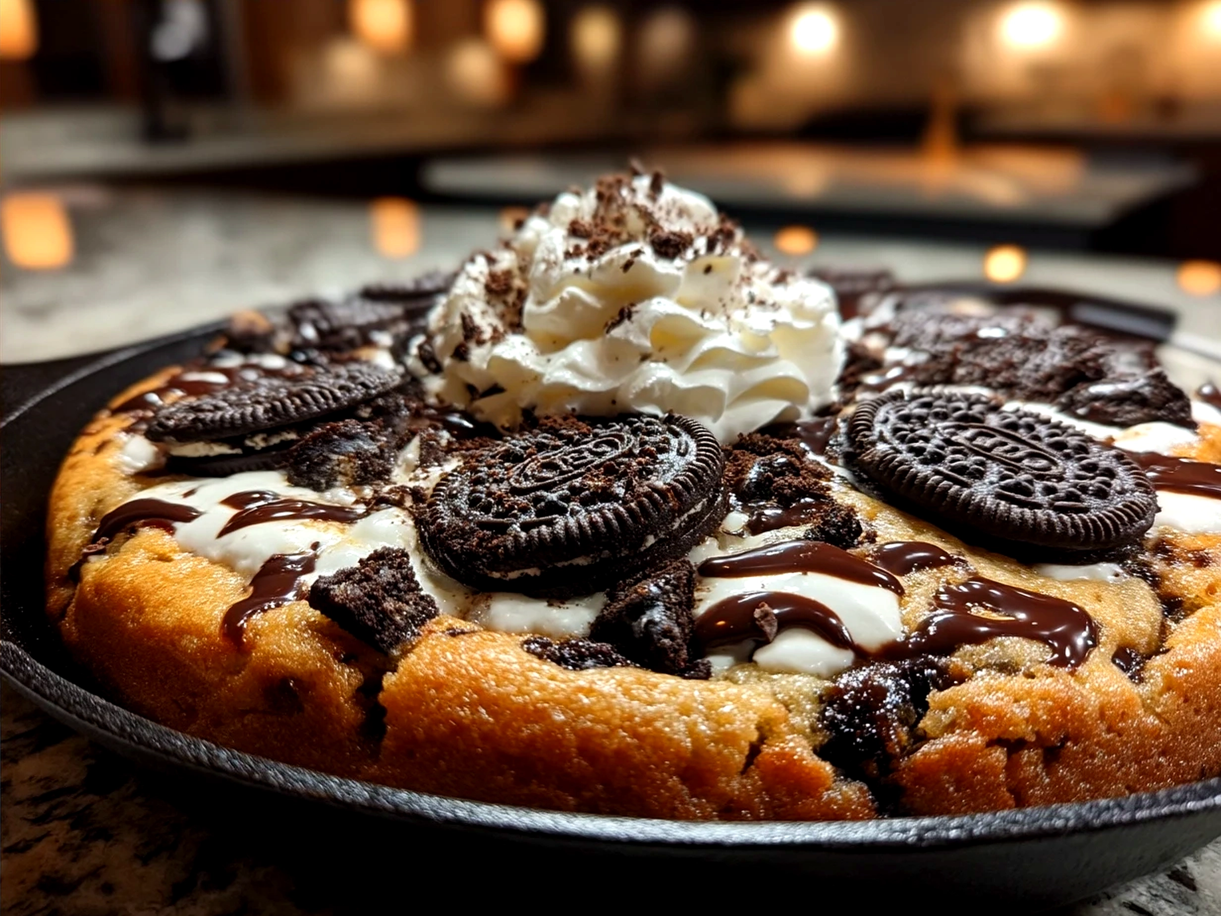 Warm Cookies Cream Skillet Cookie served in cast iron skillet