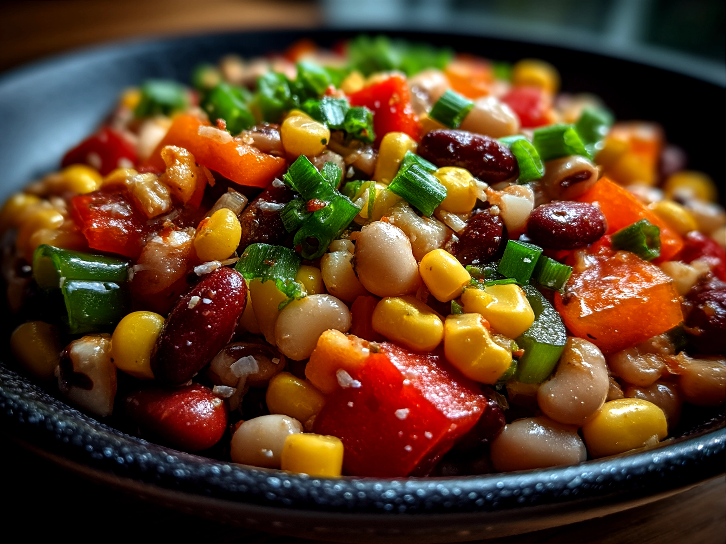 Serving bowl filled with vibrant Cowboy Caviar salad showing beans, corn, peppers, and herbs