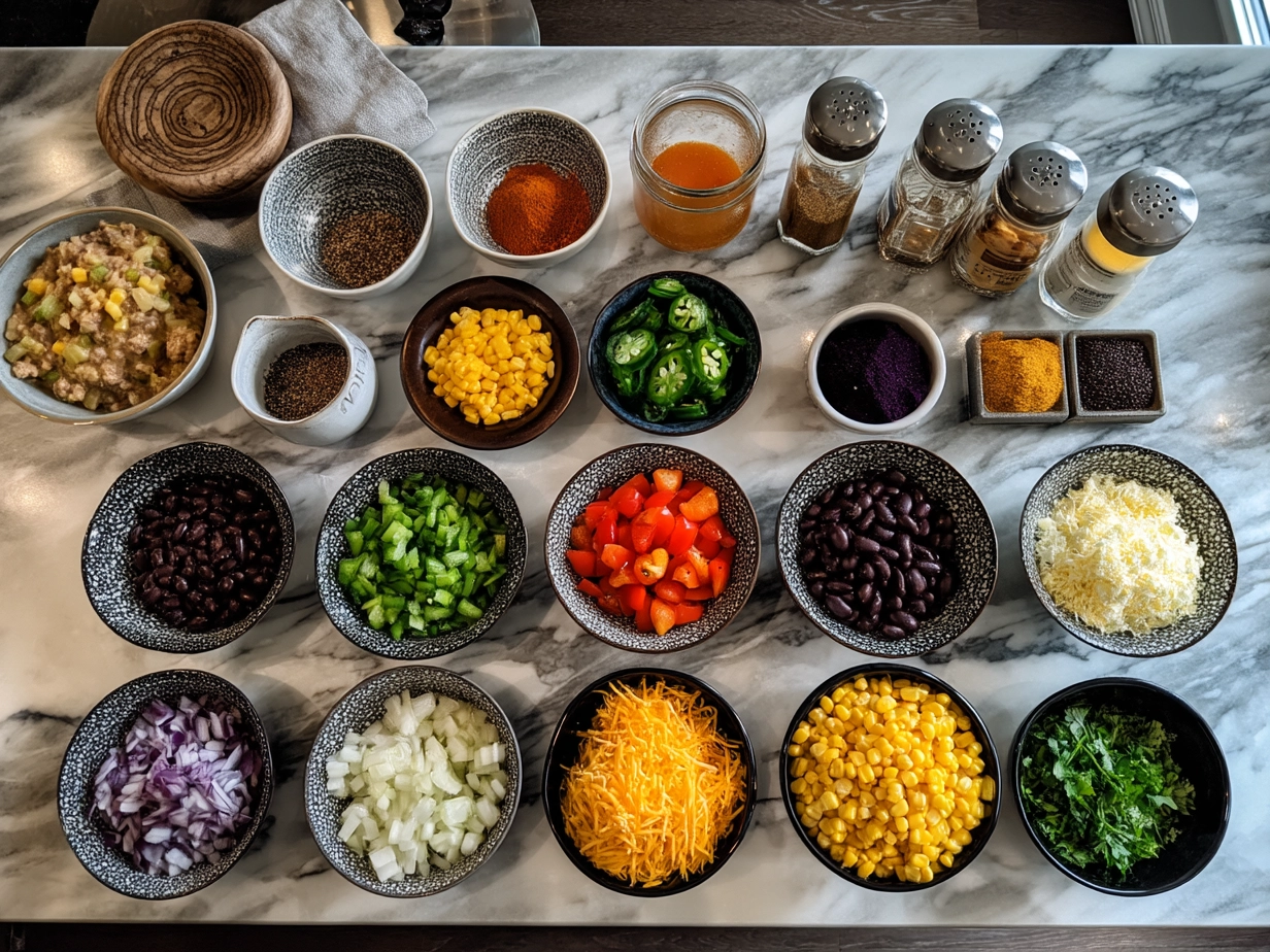 Ingredients for Cowboy Caviar laid out on a table including black-eyed peas, corn, bell pepper, onion, tomatoes, cilantro, olive oil, lime, cumin, salt, and pepper